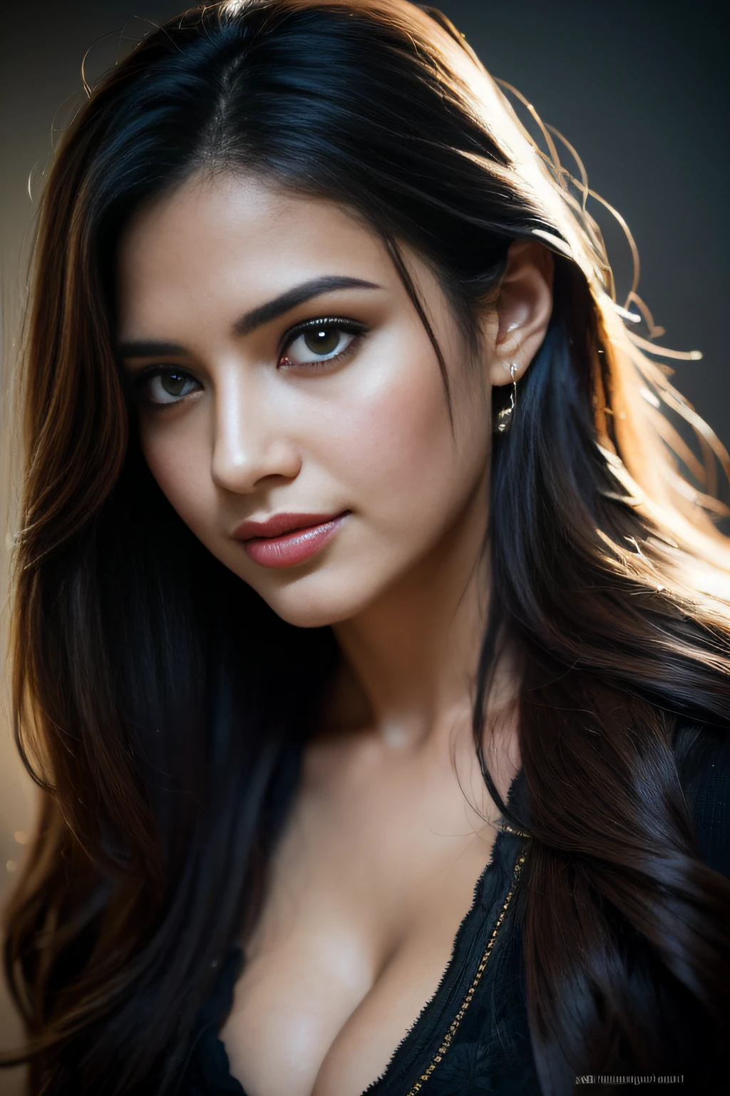 Portrait of A confident-looking Indian woman with a bun of long and thick hair tied behind and covered with flowers, hazel eyes, dirty and wet seethrough clothes, a smile on the face, a lusty look, lying on muddy road in a village, d-cup breast, perfect composition, hyperrealistic, super detailed, 8k, high quality, trending art, trending on artstation, sharp focus, studio photo, intricate details, highly detailed, art by Greg Rutkowski