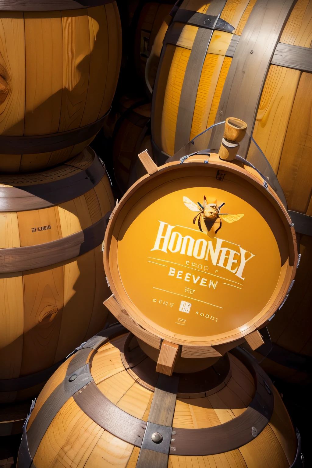 honeybee、beehive、Barrel and golden yellow wine logo