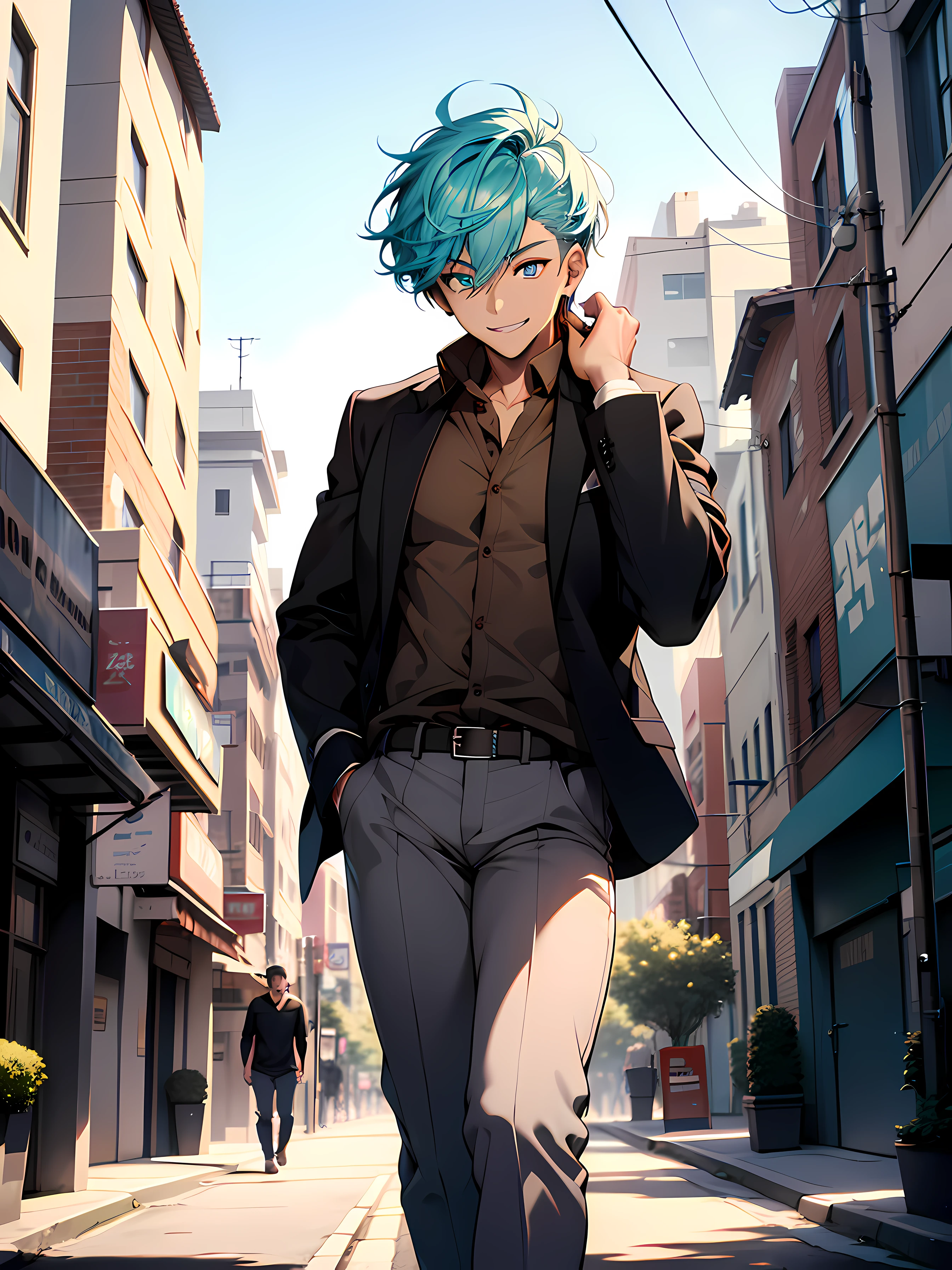 1boy, smiling face focus, tall guy, beautiful accurate cyan eyes, medium cyan hair, body is well proportioned, black jacket with brown shirt and gray pants, his in the neighborhood, looking at viewer, high resolution, ultrasharp, 8k, masterpiece