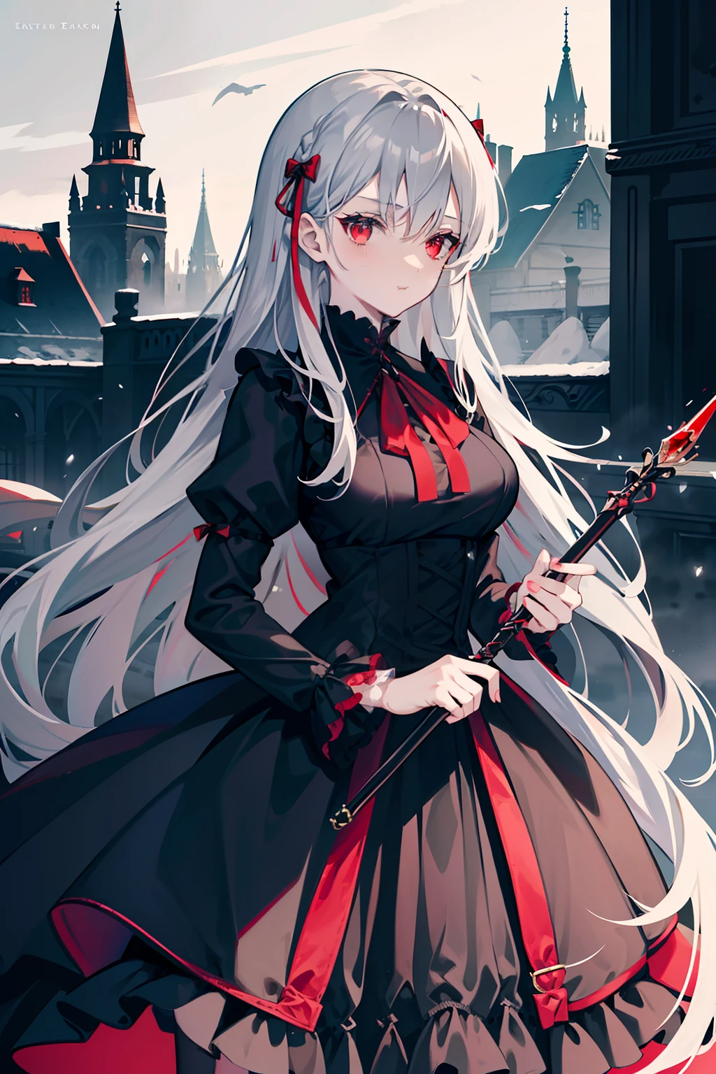 Girl in a black dress of an English aristocracy,On the chest is a red checkered ribbon,She held a long one, Delicate wands in black and red,Gray hair and red eyes,Noble temperament,Stand where it snows,There are no buildings around,Best quality,Exquisite,Super fine illustration,Ethereal,mistic