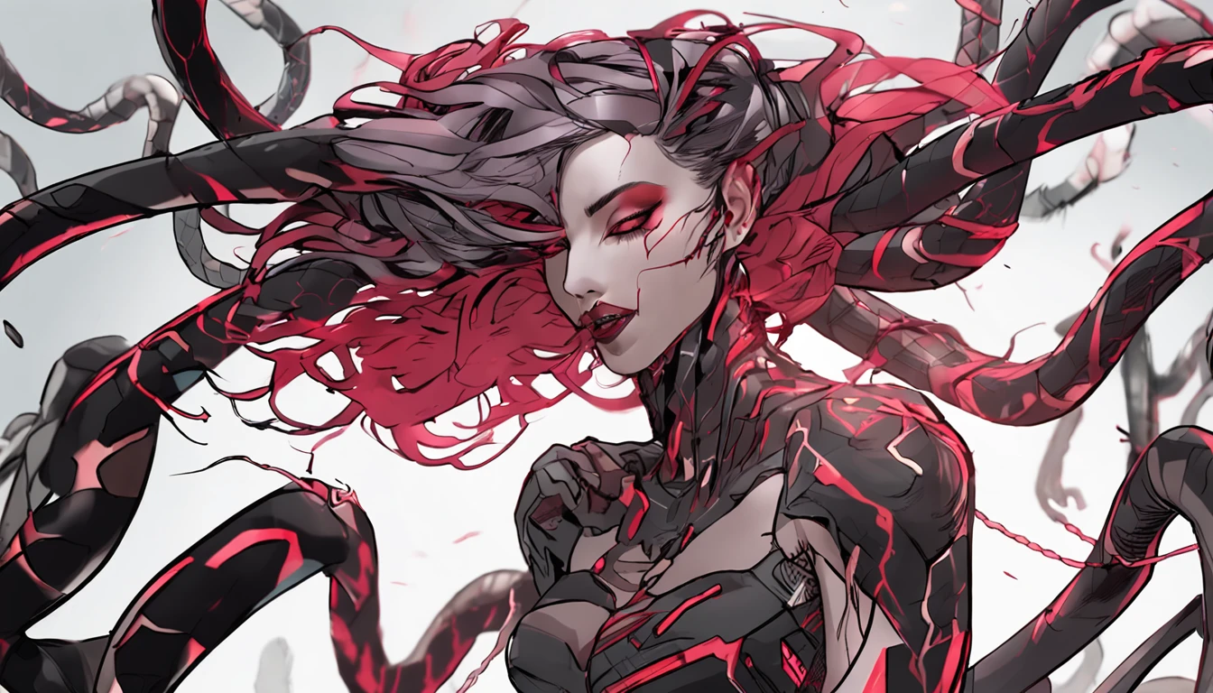 A dark corner room，A cyborg，woman，Large breasts，big breasts thin waist，k hd，red tinted hair，Delicate facial features，Nine snakes were wrapped around the body，The heroine grabbed one of the snakes and licked it with her mouth，Facial expressions evil，There is lightning in the back，cyber punk style，Screen 16:9