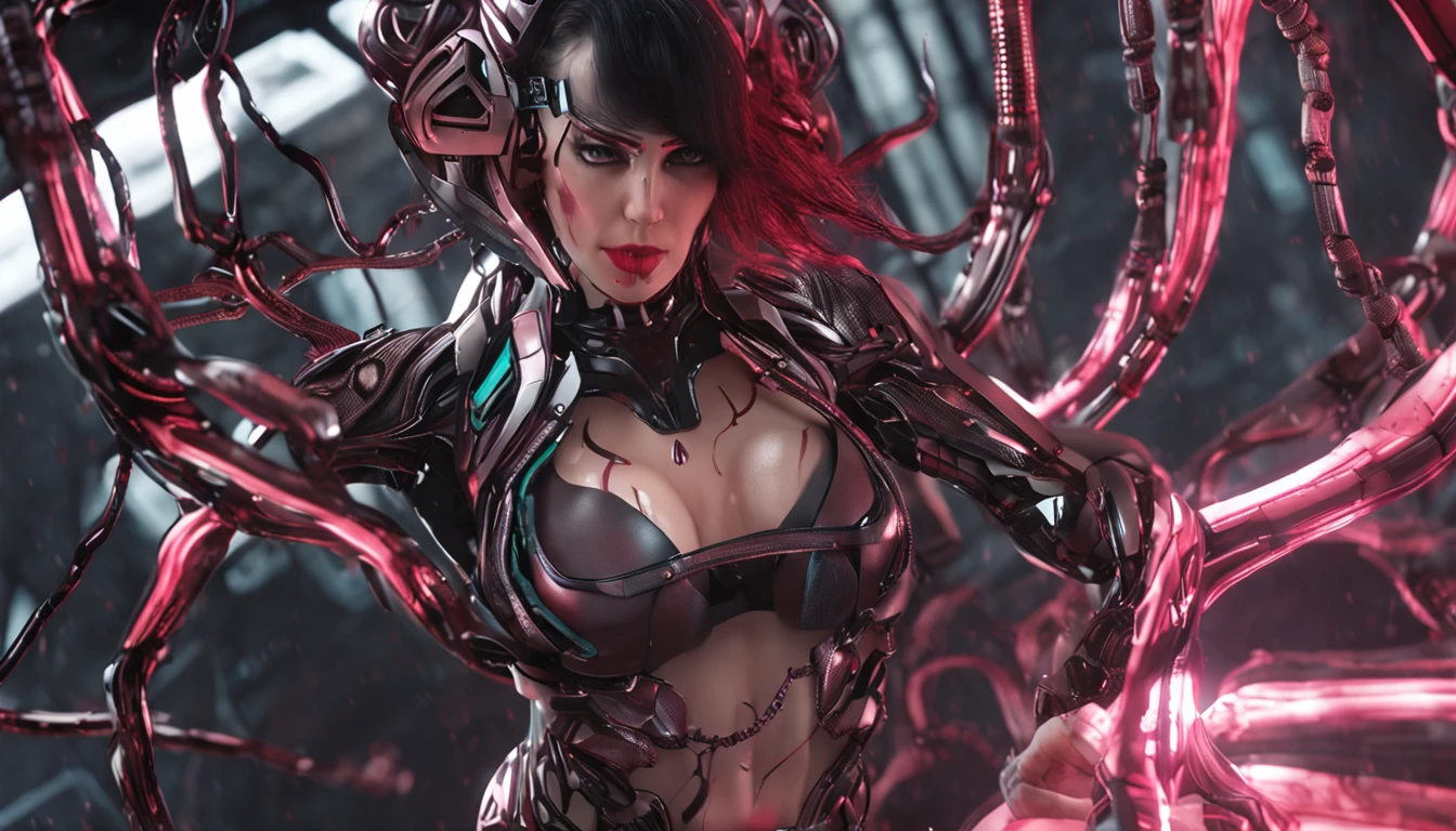 A dark corner room，A cyborg，woman，Large breasts，big breasts thin waist，k hd，red tinted hair，Delicate facial features，Nine snakes were wrapped around the body，The heroine grabbed one of the snakes and licked it with her mouth，Facial expressions evil，There is lightning in the back，cyber punk style，Screen 16:9