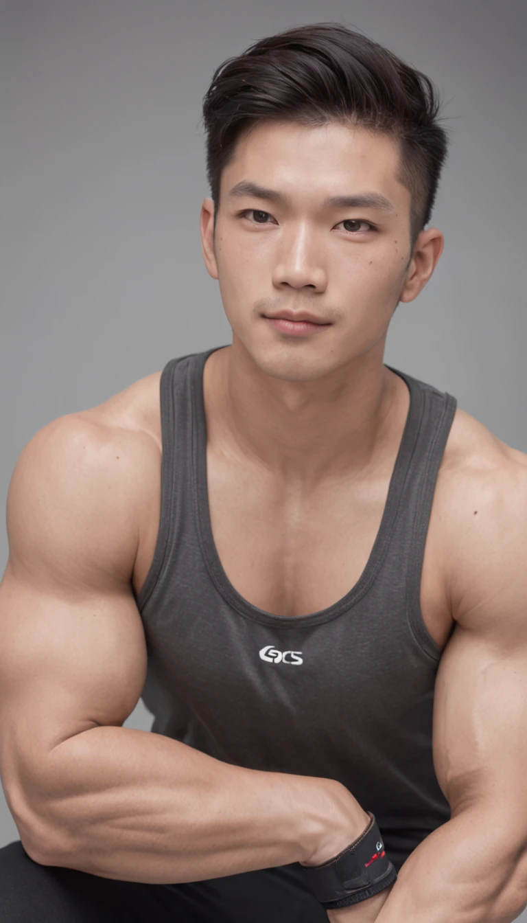 Asian men's gym wears a full tank top , musculous, Height 190 cm, Handsome face blemish, (Draw eye details), (hentail realism)