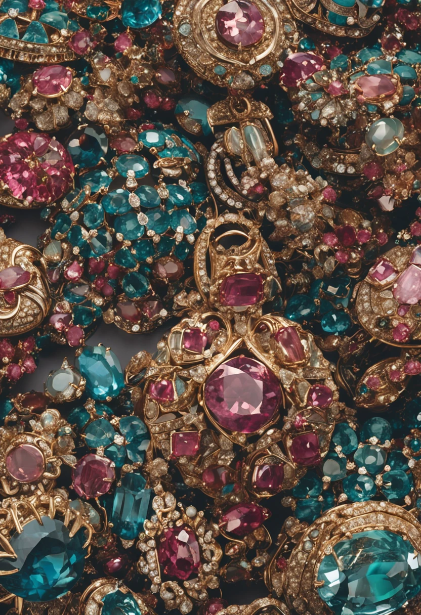 A scene of mountains of jewelry,opulent,diamond,Pedras preciosas,antiquarian,plethora of colors,1/1,rich details,Photographic works