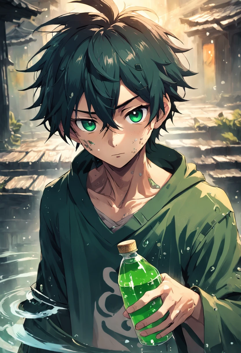 After that, the male protagonist Haotian's clothes were tattered，The whole person seemed to be soaked in mud，Sweated a lot，But he looked excited，Shouted："It's done！Finally refined！"Holding a small bottle of green liquid in his hand。
