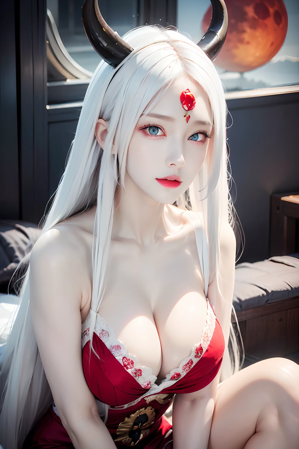 face lighting,bright backlight,super high resolution,best quality,Photos,4k,(Realistic:1.2),huiye,1girl,(the third eye:1.3),horns,(pale skin:1.4),(white hair:1.2),long hair,night,(red moon:1.2),sit,big breast,sexy bra,