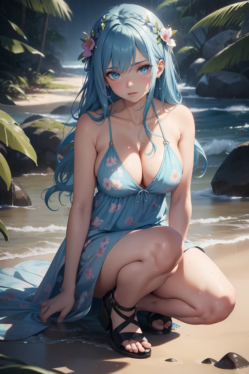 (masterpiece, best quality, 4k, photorealistic, cinematic, ultra-detailed), wide shot, perfect anatomy, curvaceous body, perfect eyes, perfect hands, large chest, long round legs, 1 girl, wet skin, wet Light Floral Print Sundress, her body leaned against her dress, wet White Sneakers or Comfortable Sandals, wet Woven Tote Bag, wet Blue Hair in a Braided Crown, rainy background, wet sand