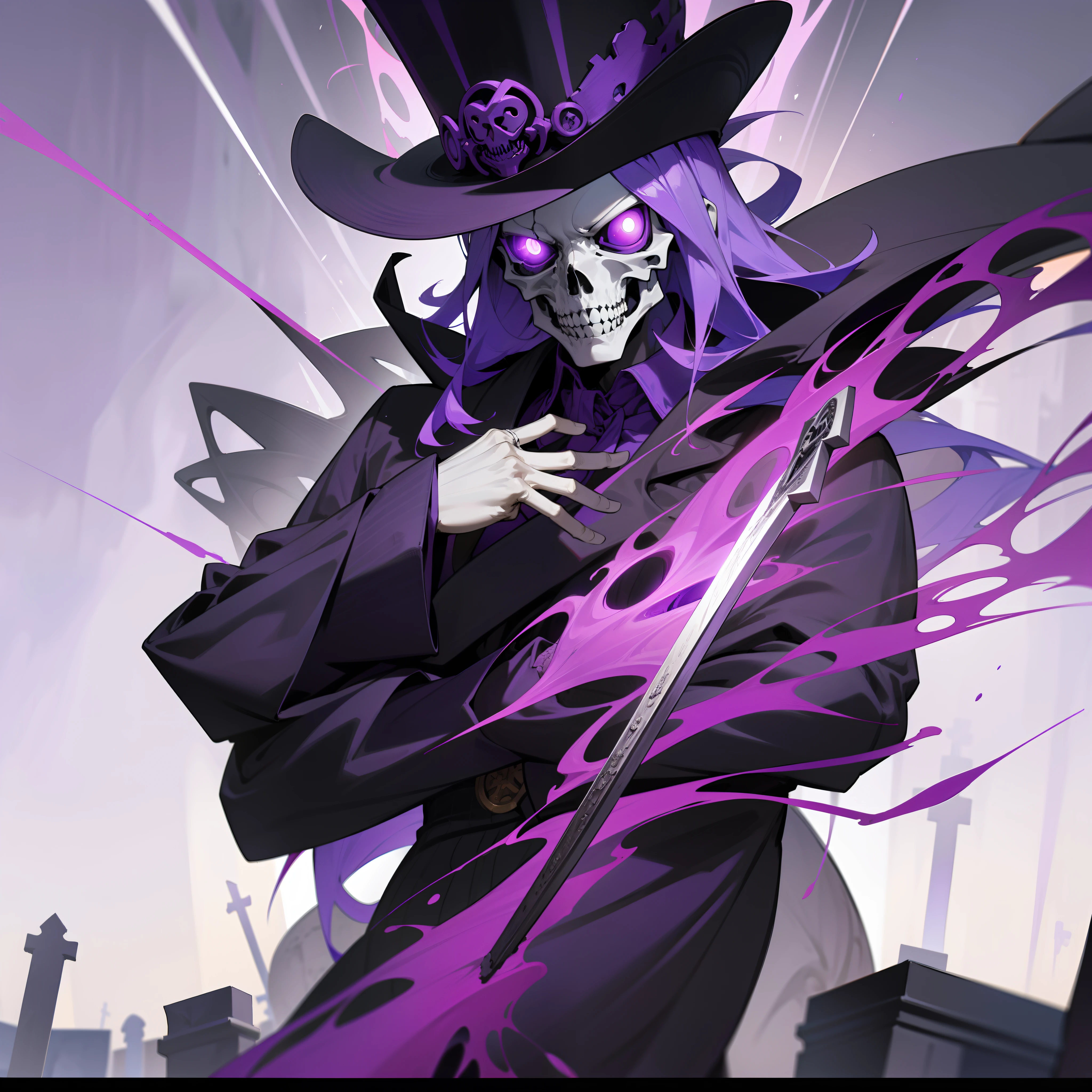 skeleton head，Skeleton Mage，Purple top hat，Gorgeous Hair in Long Purple，purple robes，The background is in the cemetery，Live on a tombstone，4K，Dingdall effect，Poster style，A high resolution