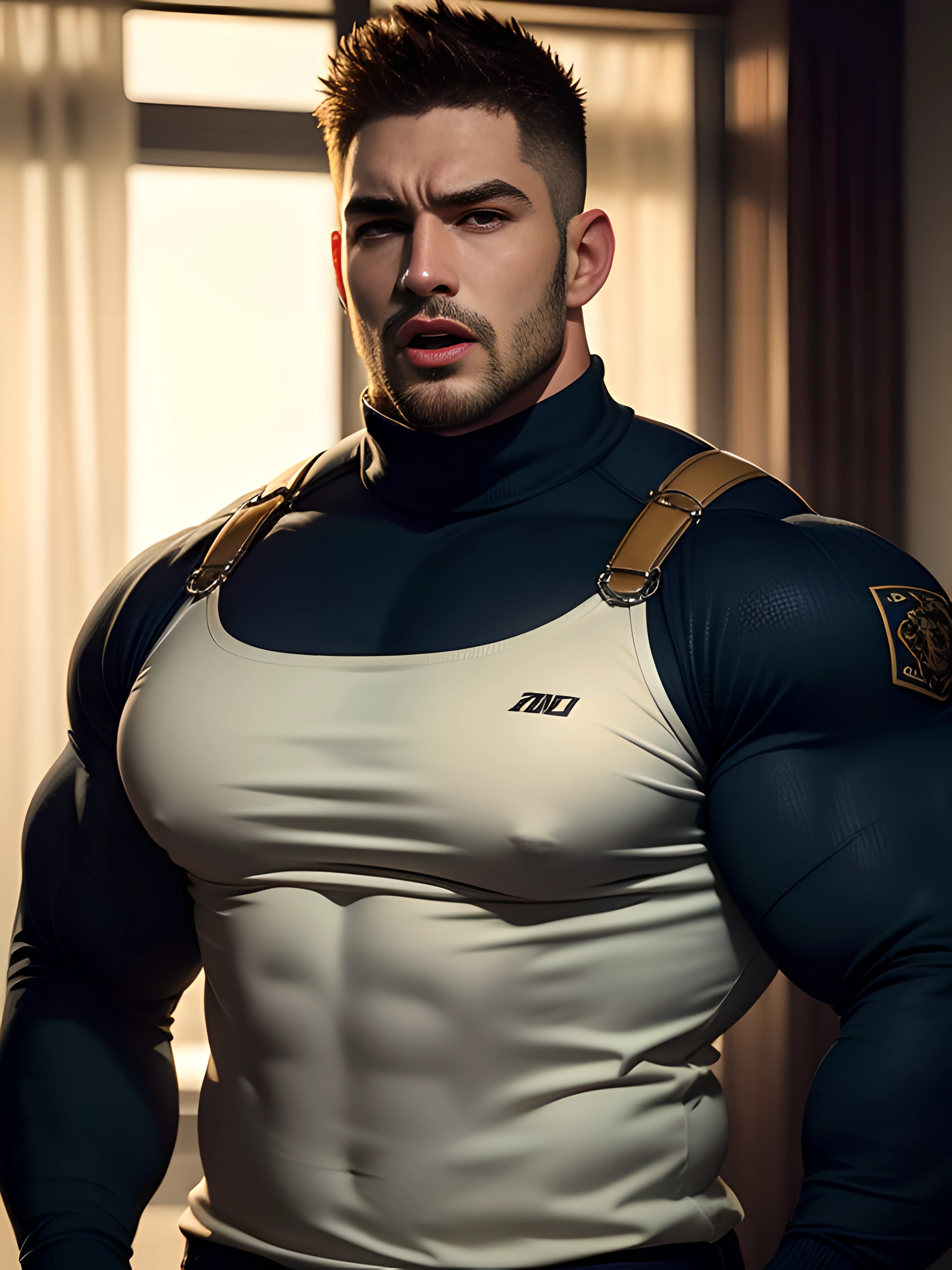 Muscular security guard with open mouth,Chris Redfield,He wears a long-sleeved turtleneck sweater,He had sad eyes in his eyes,Grievanced frown,Emerald charming eyes,Tall and burly,musculous!Tall, Burly and strong, Extremely detailed depiction of faces,Exquisite facial features,super gain and cool, commission for high resolution, Attractive strong men,His luxurious living room