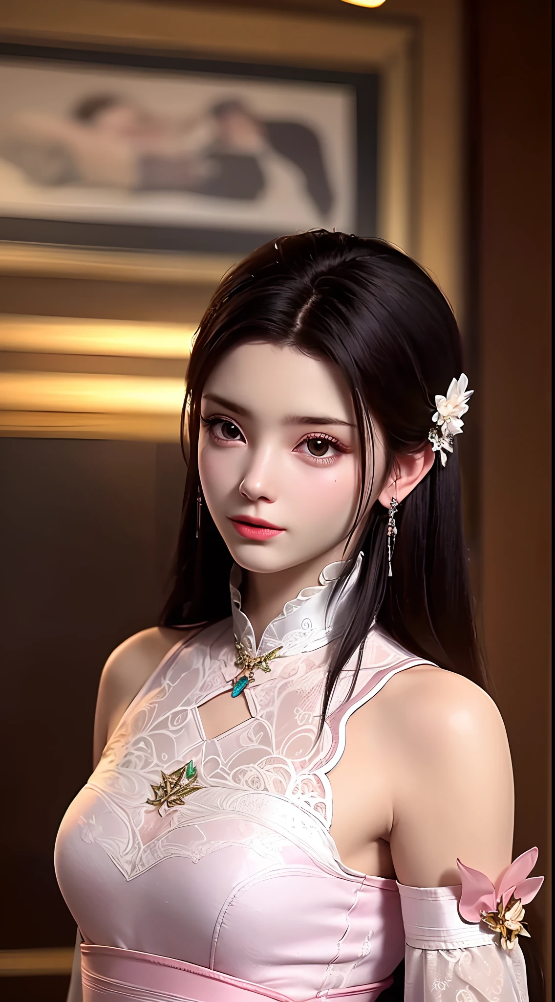 1 beautiful girl wearing ancient costumes, ((pink and light white outfit: 0.8)), Long and silky black hair, hair jewelry and necklaces, Beautiful little face Thin eyebrows, the most beautiful and spotless face, the very beautiful eyes, big round black eyes, fine and detailed makeup eyelashes, High nose, wearing earrings,Small red lips, rosy face, Enlarged and round breasts, tight breasts, breast augmentation, Slim and petite body, slim waist, portrait of a beautiful girl, 8k photo, super high quality, super realistic, 10x super pixels, photo realistic, dark studio, border light, two tone light, (detailed skin) high: 1.2), 8k uhd, dslr, soft light, high quality, volumetric light, candid, Photo, high resolution, 4k quality, 8k, Bokeh, Smooth and sharp, pixel up 10 times, (background space: 1.8), (galaxy: 1.7), aurora, lightning, (Aurora Background: 1.8), upper body, alone, solo,