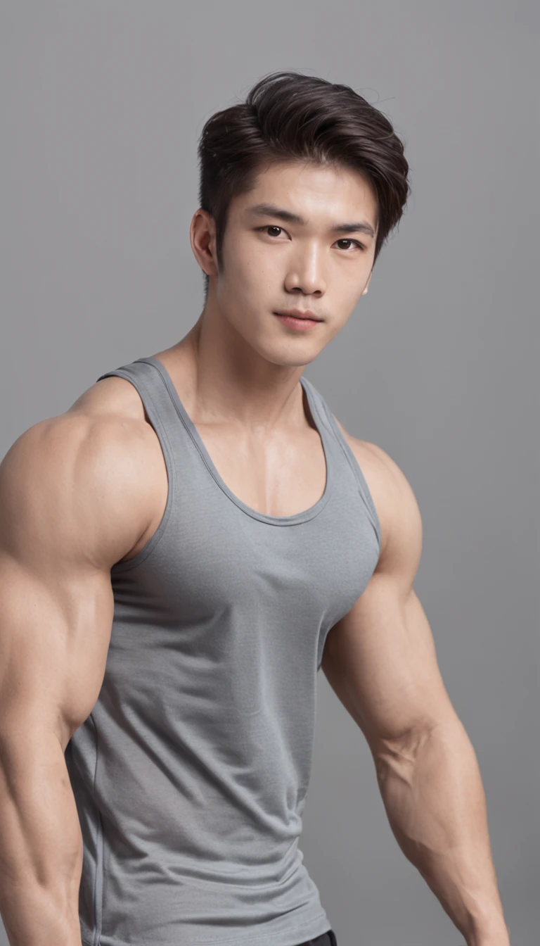 Asian men's gym wears a full tank top , musculous, Height 190 cm, Handsome face blemish, (Draw eye details), (hentail realism)