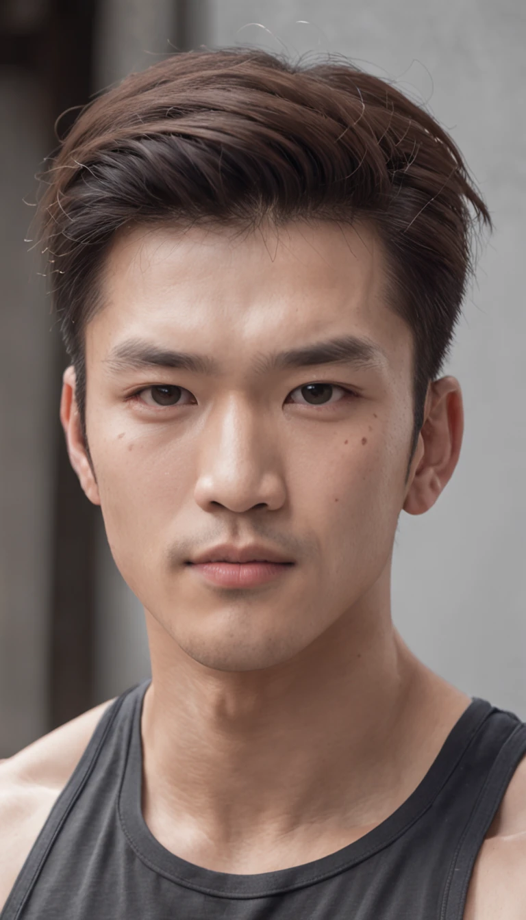 Asian men's gym wears a full tank top , musculous, Height 190 cm, Handsome face blemish, (Draw eye details), (hentail realism)