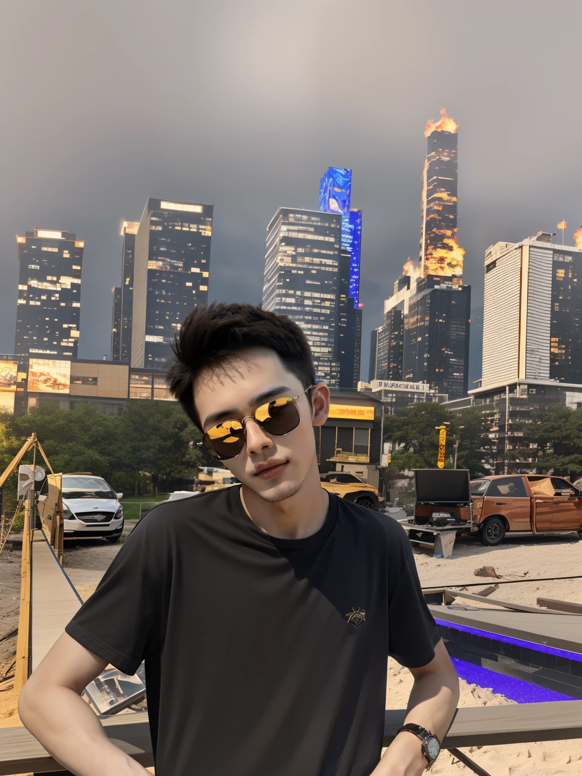 (8K, RAW photo, Highest quality),Realistic,1 man,16-year-old man,frontage,Intricate details,Closed mouth, ember,Manly,Small sunglasses,Handsome,delicated