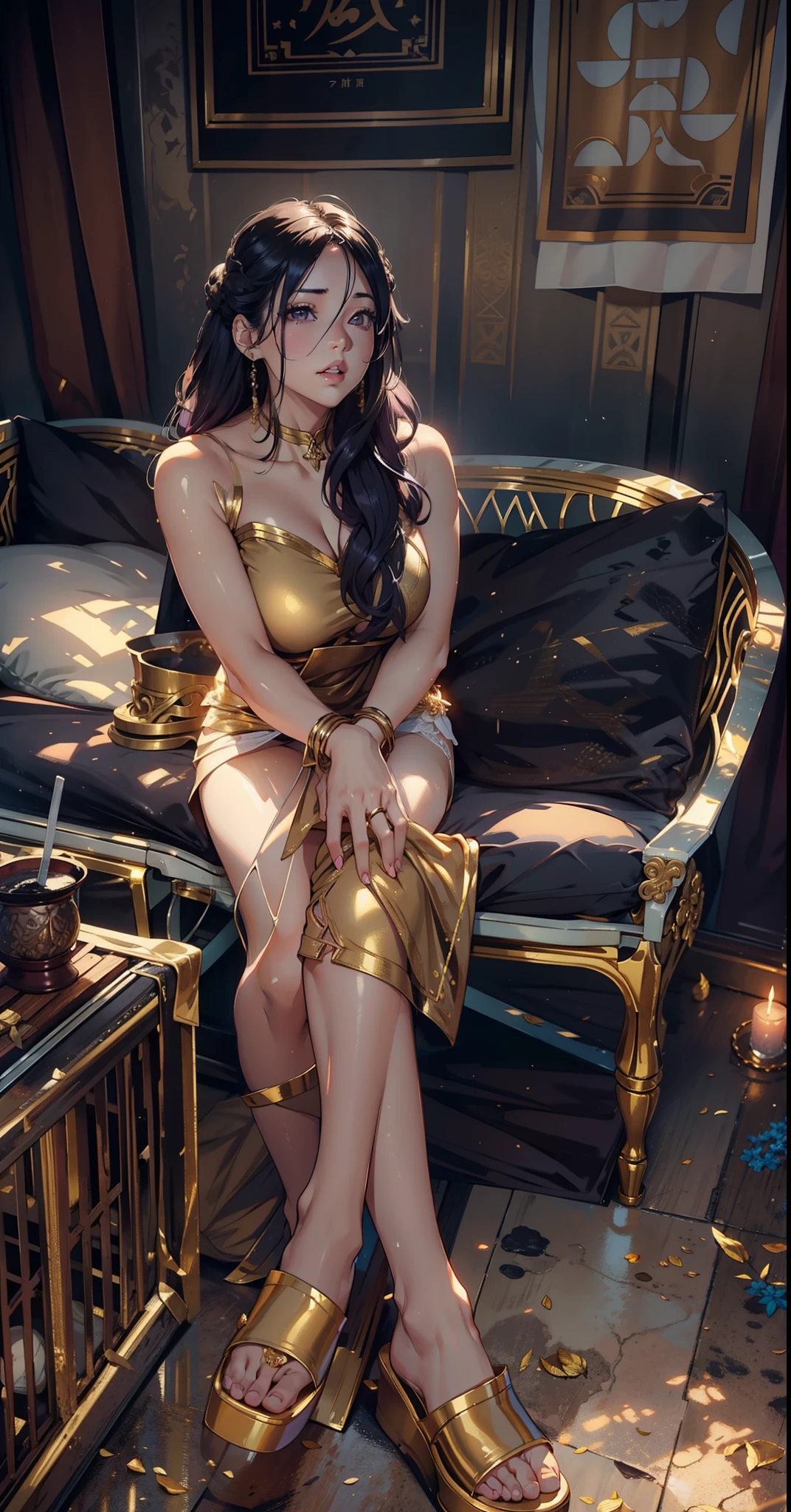 Gold tattoo with girl with golden earrings, In the style of vray tracing, Martin Ansin, yuumei, Poured, close up, Dark white and gold, speedpainting, masutepiece, Best Quality,Skinny Legs,Gold Dress,In the hotel bedroom,