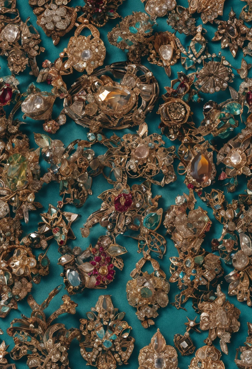 Scene of mountains of jewelry,opulent,Diamond,Pedras preciosas,antiquarian,plethora of colors,1/1,rich details,Photographic works,Horizontal viewing angle