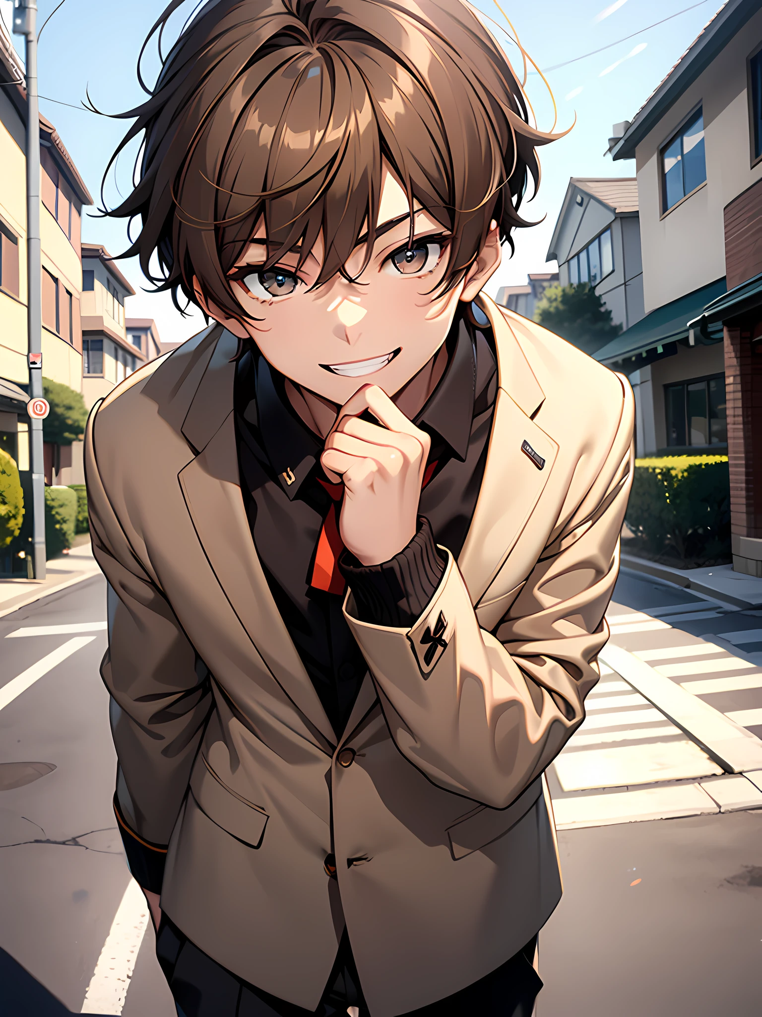 1boy, smiling with teeth open, beautiful accurate hazel eyes, ash brown hair, body is well proportioned, wearing highschool uniform, his in the neighborhood, looking at viewer, high resolution, ultrasharp, 8k, masterpiece