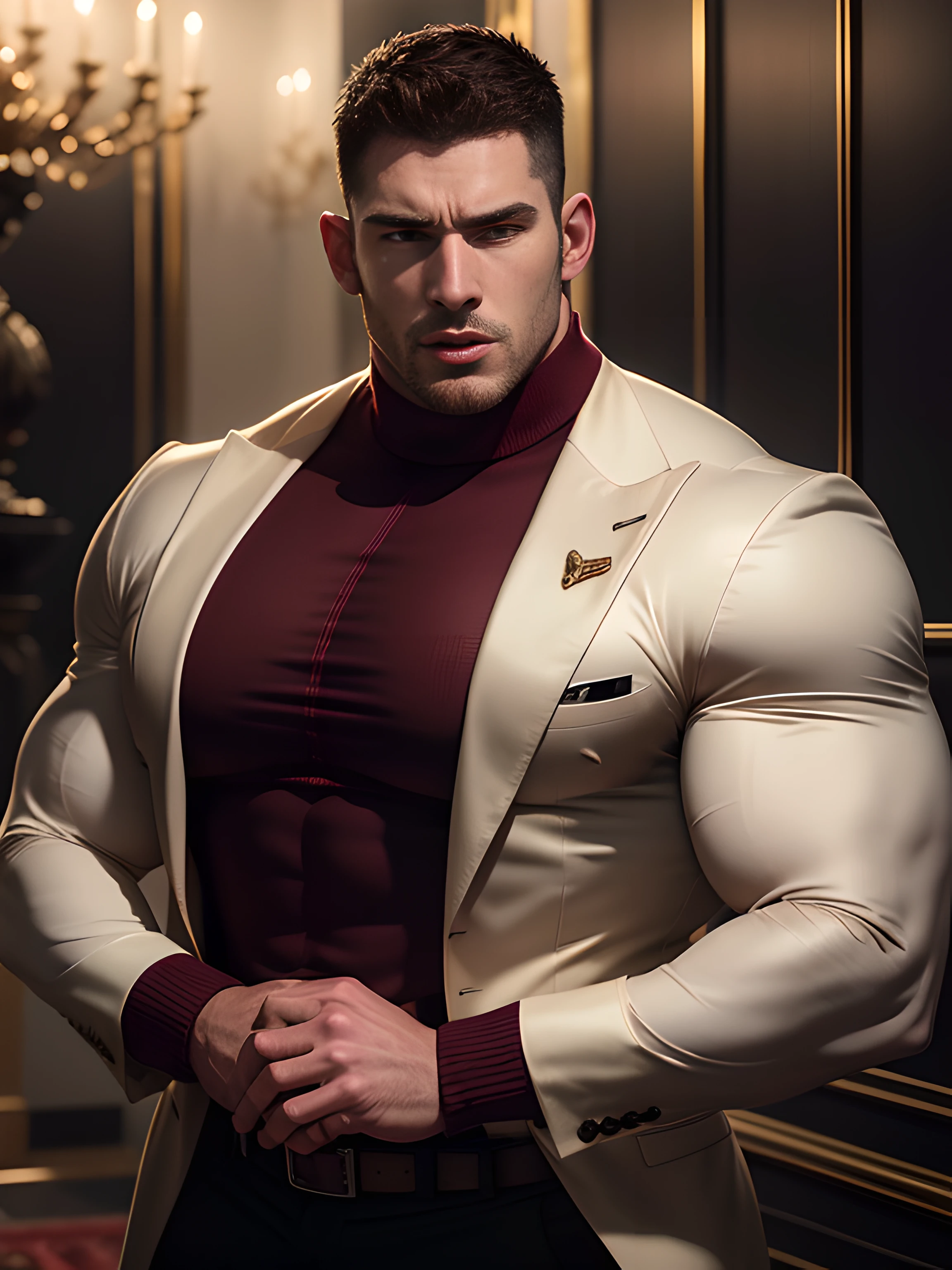 Muscular security guard with open mouth，Chris Redfield，He wears a long-sleeved turtleneck sweater，He had sad eyes in his eyes，Grievanced frown，Emerald charming eyes，Tall and burly，musculous！Tall, Burly and strong， Extremely detailed depiction of faces，Exquisite facial features，super gain and cool， commission for high resolution， Attractive strong men，Luxurious warmth in burgundy tones，He was in the luxurious living room