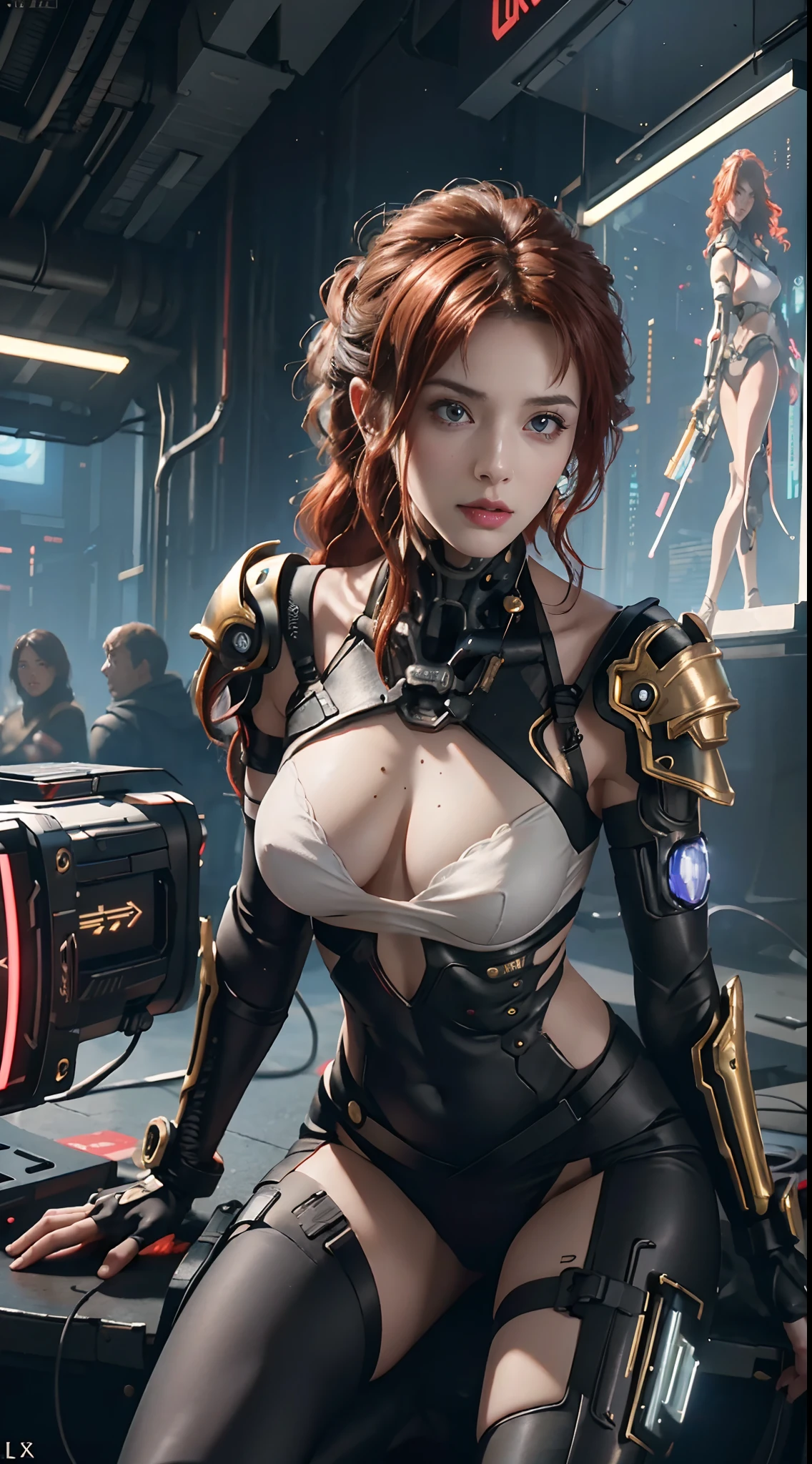 Best Quality)), ((Masterpiece)), (Very Detailed:1.3), 3D, Beautiful (Cyberpunk:1.3)), 1 girl, full body, curly red hair, big breast, slender body, slender hips, big breasts, sitting,  back view, view to viewer, wearing full gold((heavy cyberpunk armor)) with neon trim, (head-mounted displays), fiber optic cables, company logos, science fiction, Night Cyberpunk city background, Gantz, In the Style of Cyberpunk 2077, Ultra realistic photo, masterpiece, best quality, CG, wallpaper, HDR, high quality, high-definition, extremely detailed, {beautiful detailed face}, {beautiful detailed eyes}, (detailed light){{intricate detail}}, {highres}, ((detailed face)), neon light, chiaroscuro, key visual, intricate detail, highly detailed, breathtaking, vibrant, cinematic, low ISO, white balance, rule of thirds, wide aperture, 8K RAW, efficient sub-pixels, subpixel convolution, luminous particles,