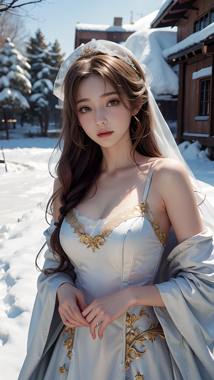 8K, best qualtiy, masterpiece, photograph realistic, Hide your face with happiness, medium breasts, Lolita costume, golden Lace, Aerith Gainsborough, whole body, undergarments, exposed bare shoulders, do lado de fora, outside, Covered with snow, cloaks, high high quality, Adobe Lightroom, highdetailskin, looking at viewert,