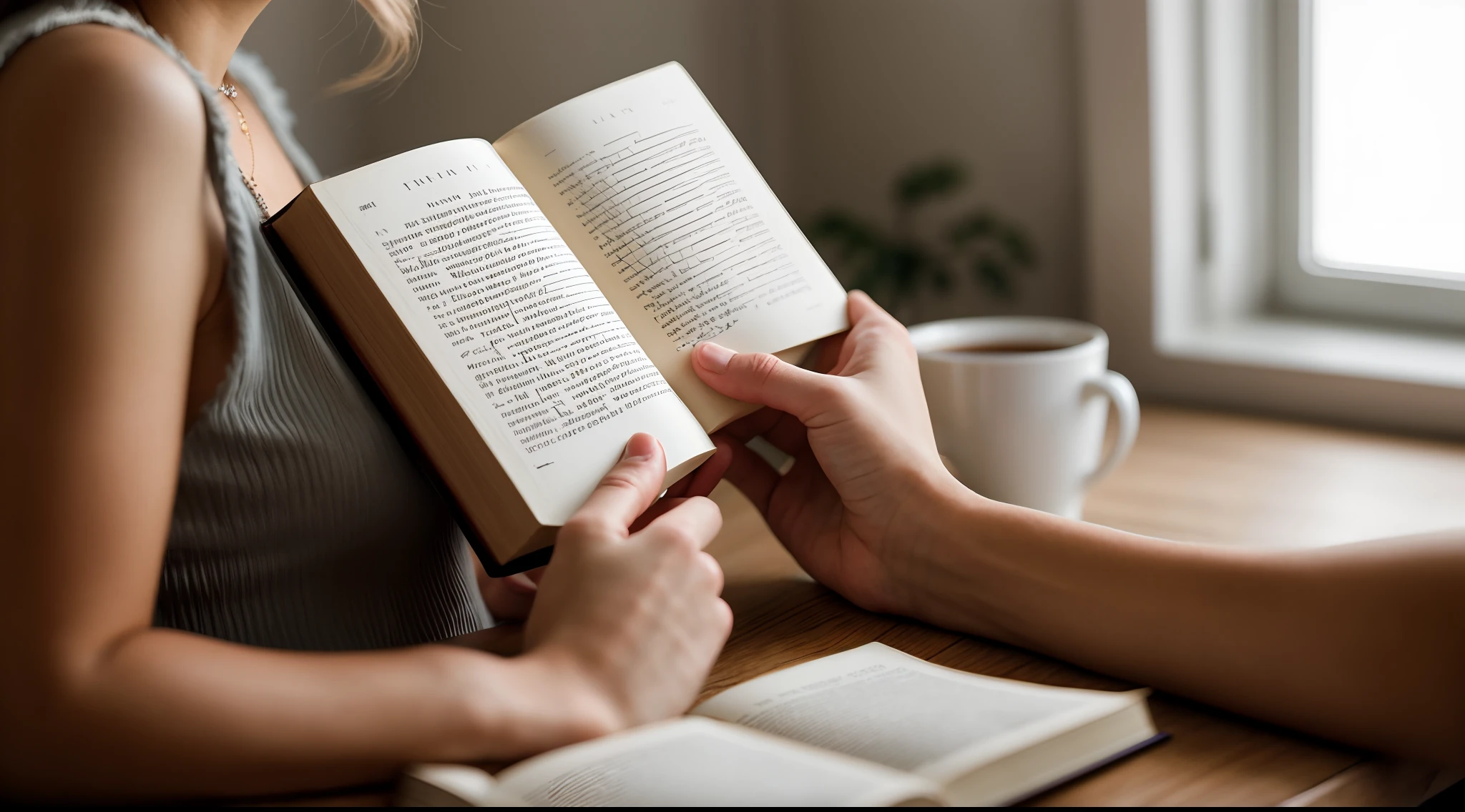 instagram photo, closeup face photo, The elegance of a woman's hands delicately turning the pages of a book, each gesture a reflection of her connection to the written word, Sony A7R III with 50mm f/1.8 lens, diffused window light, storytelling photography.