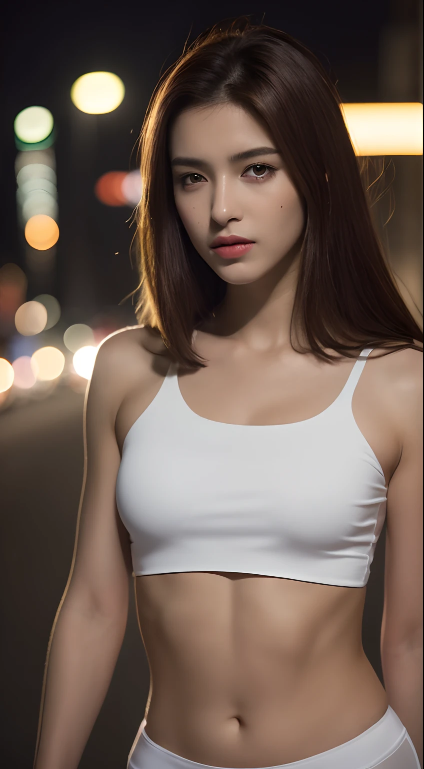 ((Realistic lighting, Best quality, 8K, Masterpiece: 1.3)), Clear focus: 1.2, 1girl, Perfect Figure: 1.4, Slim Abs: 1.1, ((Dark brown hair)), (White crop top: 1.4), (Outdoor, Night: 1.1), City streets, Super fine face, Fine eyes, Double eyelids,