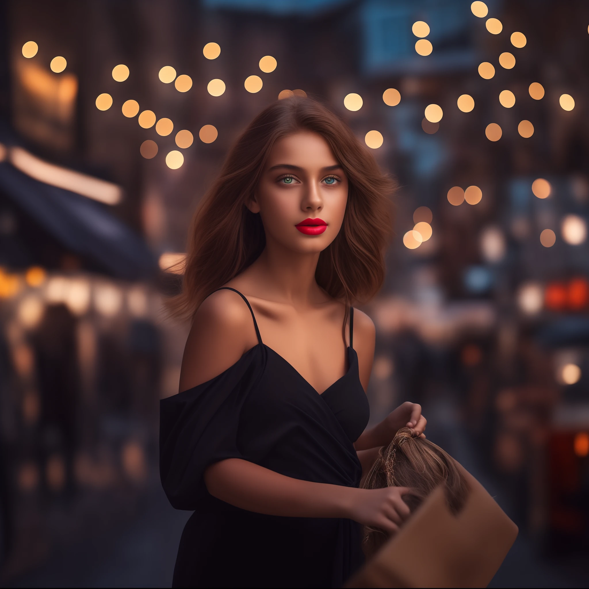 A young and beautiful woman, brown hair that falls gently in waves up to the shoulders, average height, big green eyes, light skin, she's in a black dress, she's in the city on a day of shopping, The environment is illuminated with lights of warm and pleasant colors making your hair shine, your face is naturally serene, lips with red lipstick, 8K texture, highly detailed, realistic, soft Cinematic Light, HDR, sharp fokus, masterpiece, photorealistic, award-winning photography, Canon EOS R5, 35mm