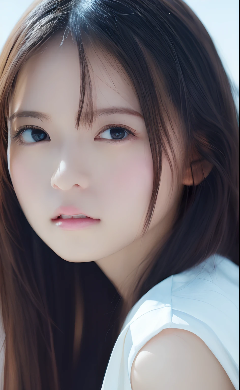 masutepiece, Best Quality, Illustration, Ultra-detailed, finely detail, hight resolution, 8K Wallpaper, Perfect dynamic composition, blazing, No Makeup Face, Clarity Skin, Beautiful detailed eyes, White cloth, Sexy face, (Open mouth:0.8), Dazzling white light background