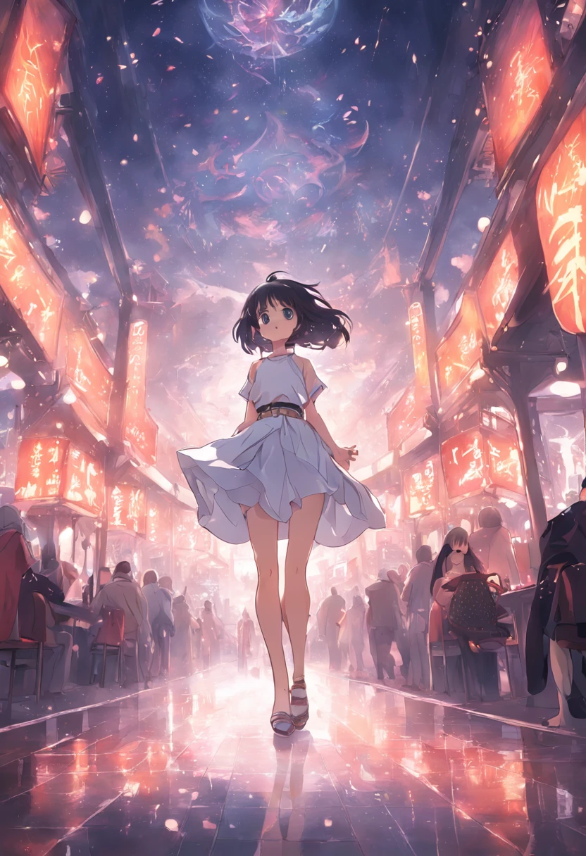 White top,short skirt,Long tube white silk,heeled sandals,a beauty girl