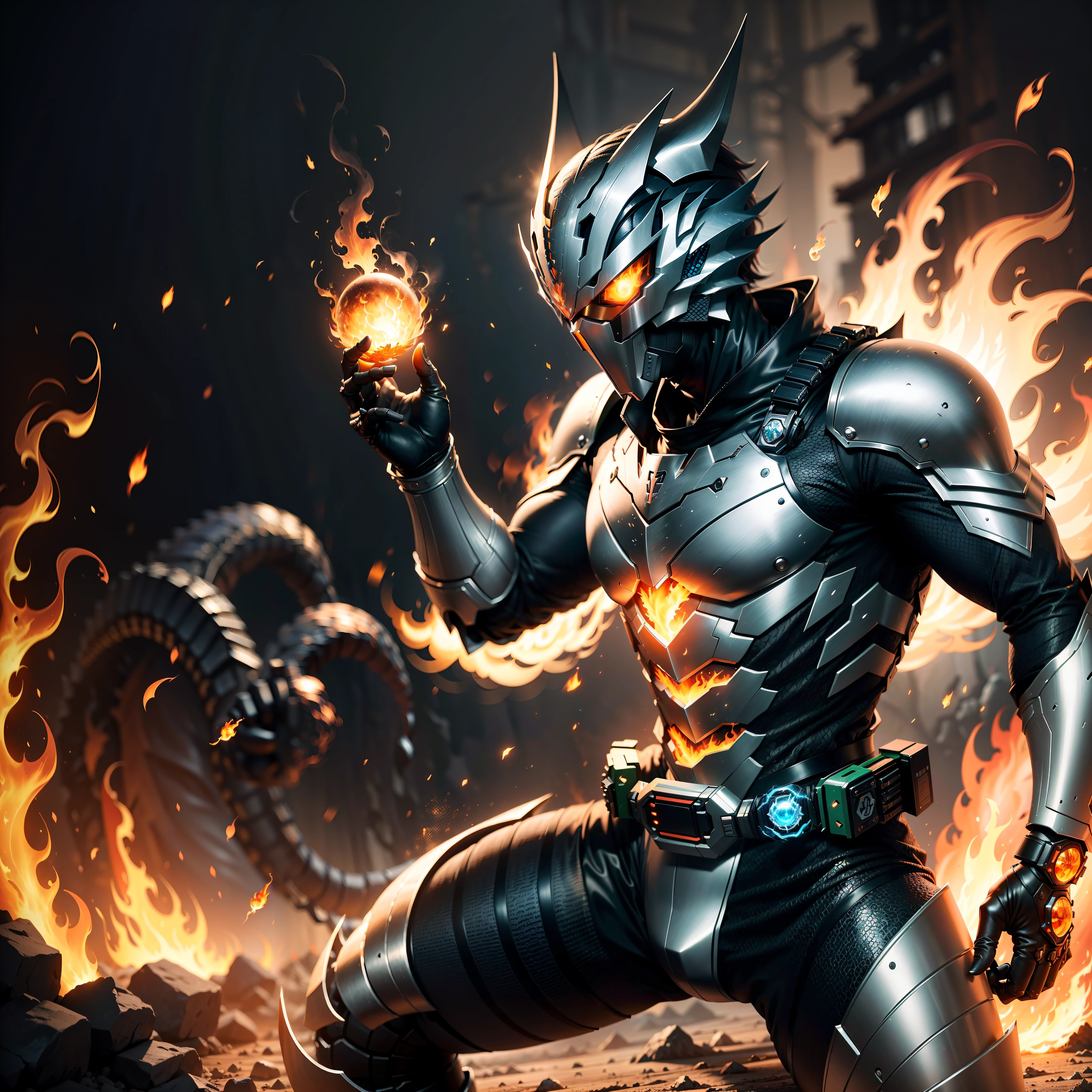 (tmasterpiece),(best qualtiy),(Detail 1.4),(HD8K),(The best wallpapers),(Kamen Rider),(A swordsman wearing a black dragon mask),(Normal human anatomy),(Normal human proportions),(Bionic machinery),(Hold the fireball in your right hand,Surrounded by flames),(Full of domineering fighting stance),(particle fx),(Light and shadow details),(fully body photo).