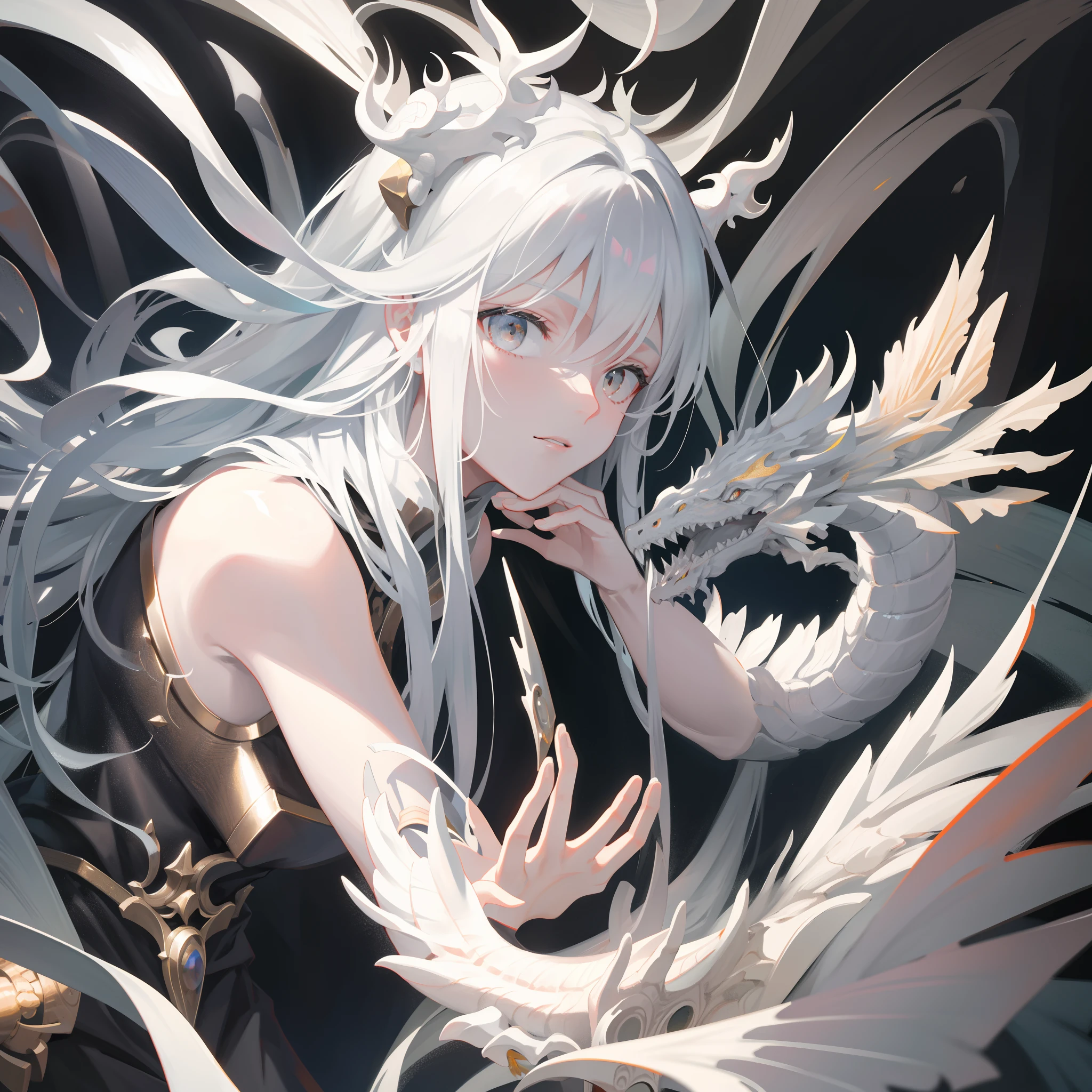 Silver-white dragon,photorealestic,painting of a,Portrait of a ager,male people,(tmasterpiece,top Quority,best qualtiy,offcial art,Beauty and aesthetics:1.2