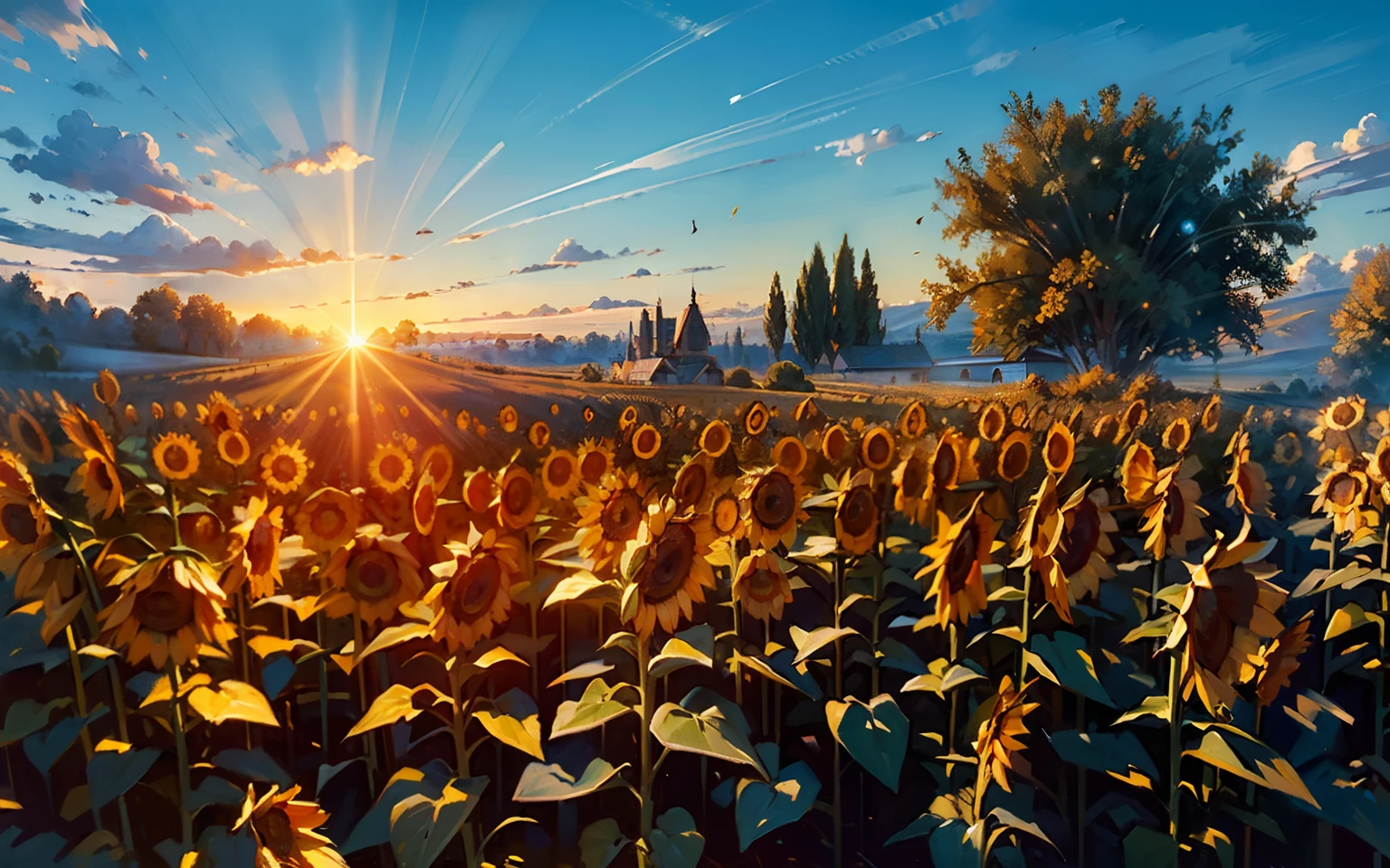 ((Best Quality)), ((Masterpiece)), (Detailed), (High Resolution:1.2), (Masterpiece), (Best Quality), (Ultra Detailed), (Masterpiece), (Best quality), (ultra detailed), (masterpiece), (Best quality), (ultra detailed), masterpiece, (masterpiece)+, field of sunflowers against a background of blue sky with fantasy clouds