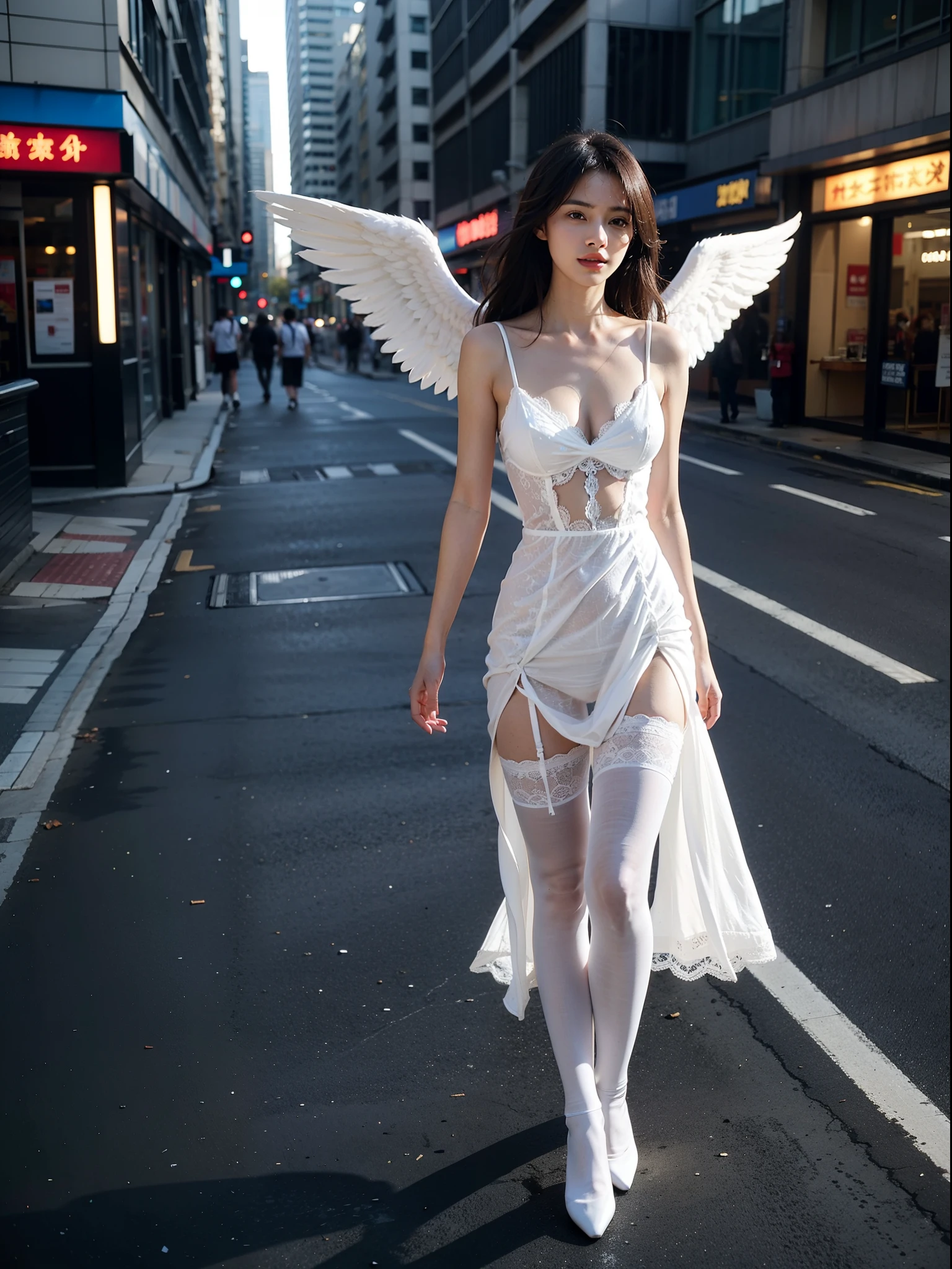 breast enhancement,reality,offcial art,8K quality,Super detail,fine detail skin,Movie Angle,cinematic textures,Movie lighting,Masterpiece,Best picture quality,deepshadow,Backlight,1 girl,Zhu lips,Messy hair,showing panties,pantyshot,underbust,1girll,Whole body,White_Stockings,Lace stock,Long hair,upper legs,Lace, Angel in white dress walking down the street,Bustling streets,City high-rises,A pair of wings behind the angel,Full body angels, Naked girl, White stockings, White silk wings,, Wide-angle angel shot, white dresses,Beautiful angel in white dress,nudegirl , crisp breasts,Gas bangs),ssmile, best qualityer,tmasterpiece,(realisticlying:1.4)