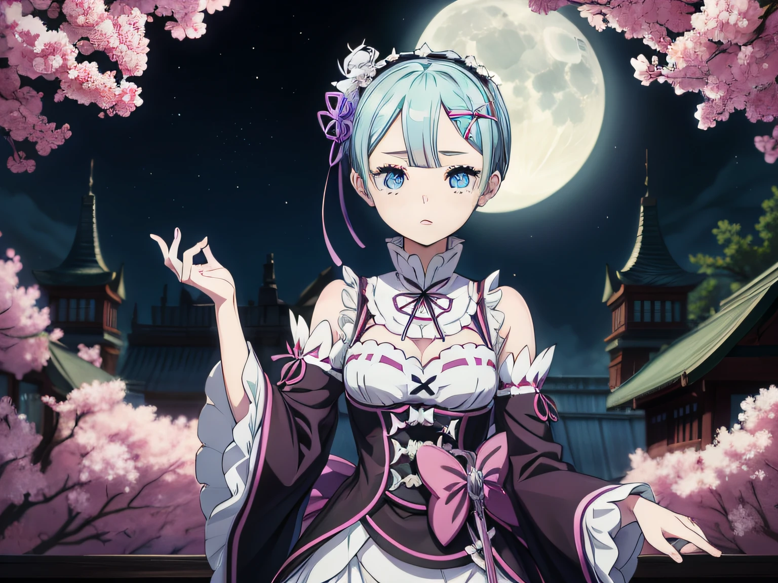 {kimetsu_no_yaiba style}, rem(Re:Zero), 1girl, ​masterpiece、top-quality、onimous、a moon、full bodyesbian、