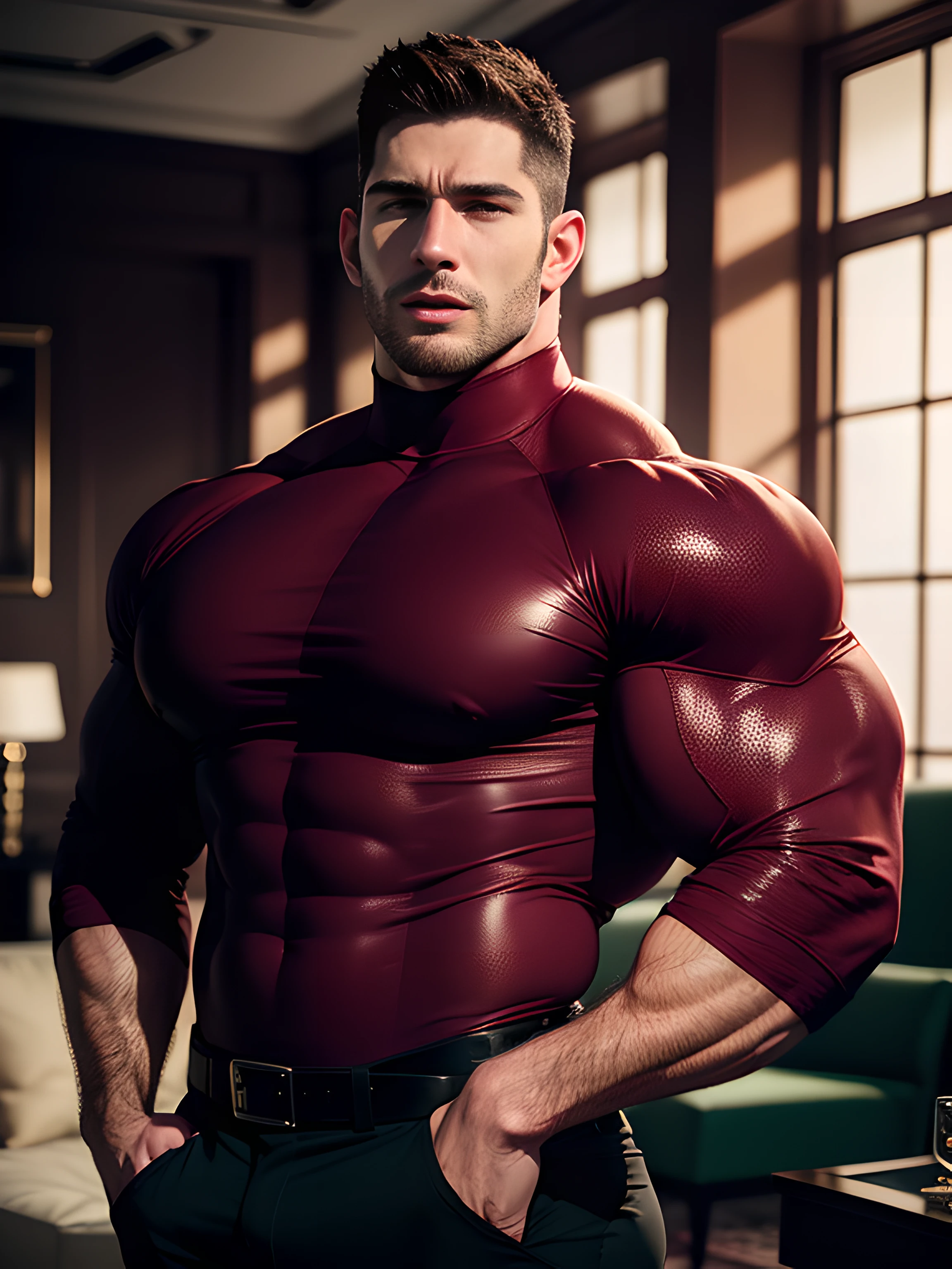 Muscular security guard with open mouth，Chris Redfield，He wears a long-sleeved turtleneck sweater，He had sad eyes in his eyes，Grievanced frown，Emerald charming eyes，Tall and burly，musculous！Tall, Burly and strong， Extremely detailed depiction of faces，Exquisite facial features，super gain and cool， commission for high resolution， Attractive strong men，Luxurious warmth in burgundy tones，He was in the luxurious living room