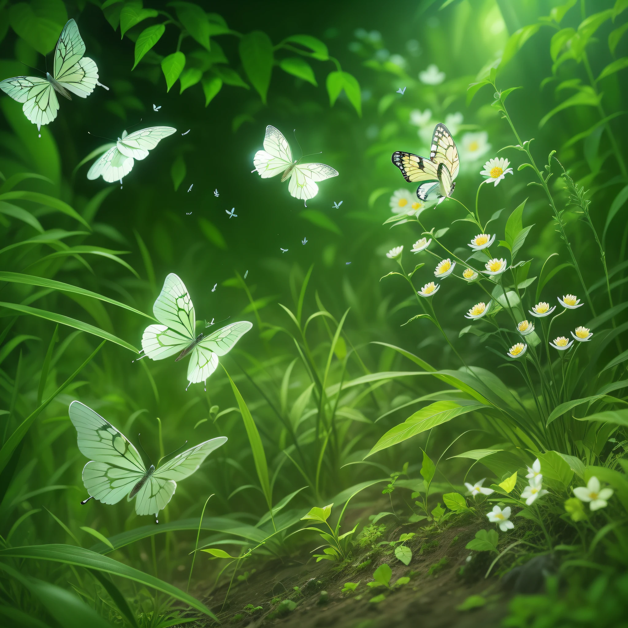 jungles，flower，Grass，One or two small white butterflies flutter in the grass，There are one or two green leaves on either side of the screen，Bright light，Close-up，The is very detailed，best qualtiy