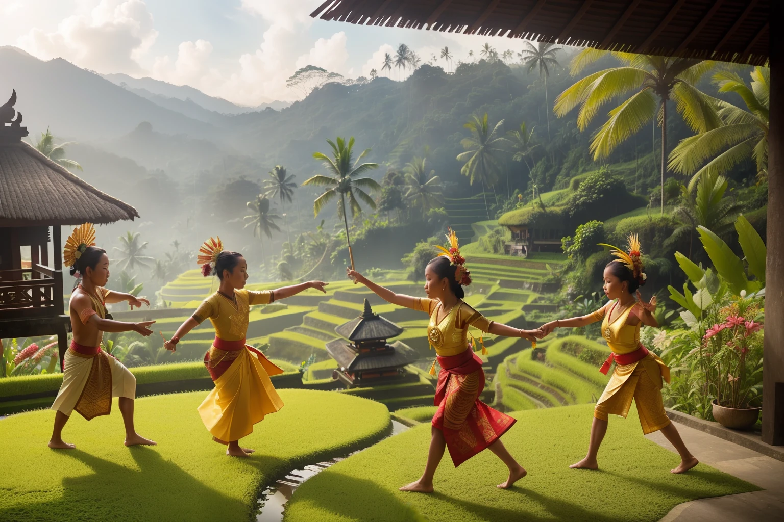 Year: 2016
Country: Indonesia
Description: In the artistic town of Ubud, Bali, an upper-middle-class family participates in a traditional Balinese dance workshop. Dressed in vibrant costumes, they learn intricate movements amidst lush rice terraces. The scene juxtaposes cultural immersion with Wes Anderson's whimsical visual flair.