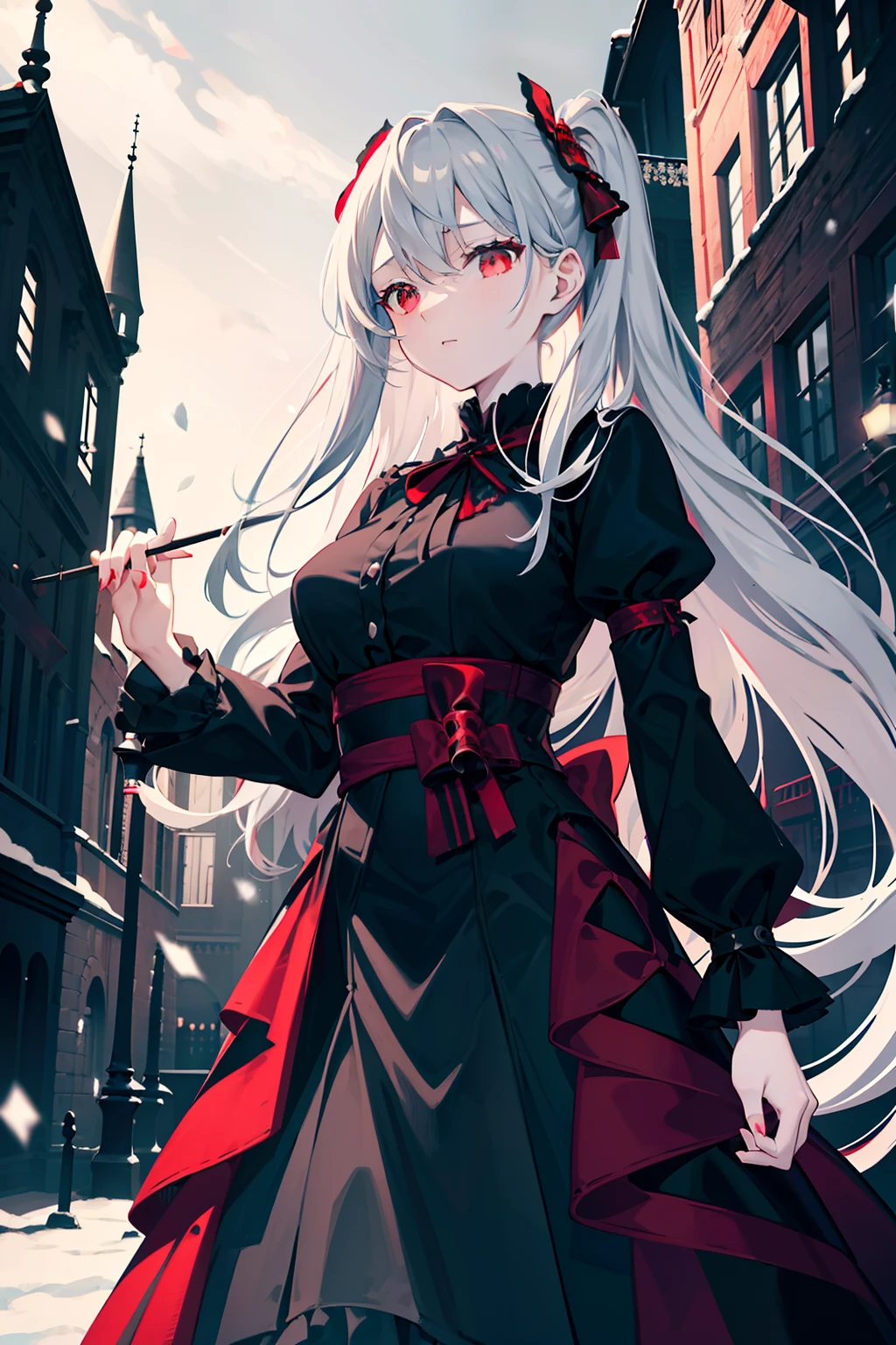 Girl in a black dress of an English aristocracy，On the chest is a red checkered ribbon，She held a long one, Delicate wands in black and red，Gray hair and red eyes，Noble temperament，Stand where it snows，There are no buildings around，Best quality，Exquisite，Super fine illustration，Ethereal，mistic