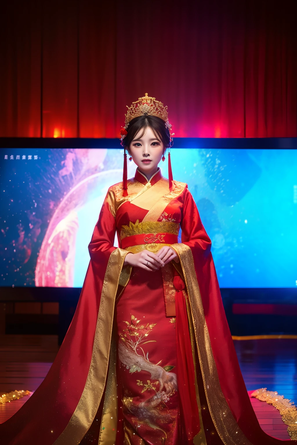 China-style,a chinese wedding,Hanfu bridal outfit,A woman in a red and gold dress,Phoenix crown,depth of fields,Real light,Ray traching,OC renderer,UE5 renderer,Hyper-realistic,best qualtiy,8K,Works of masters,super-fine,Detailed pubic hair,Correct anatomy
