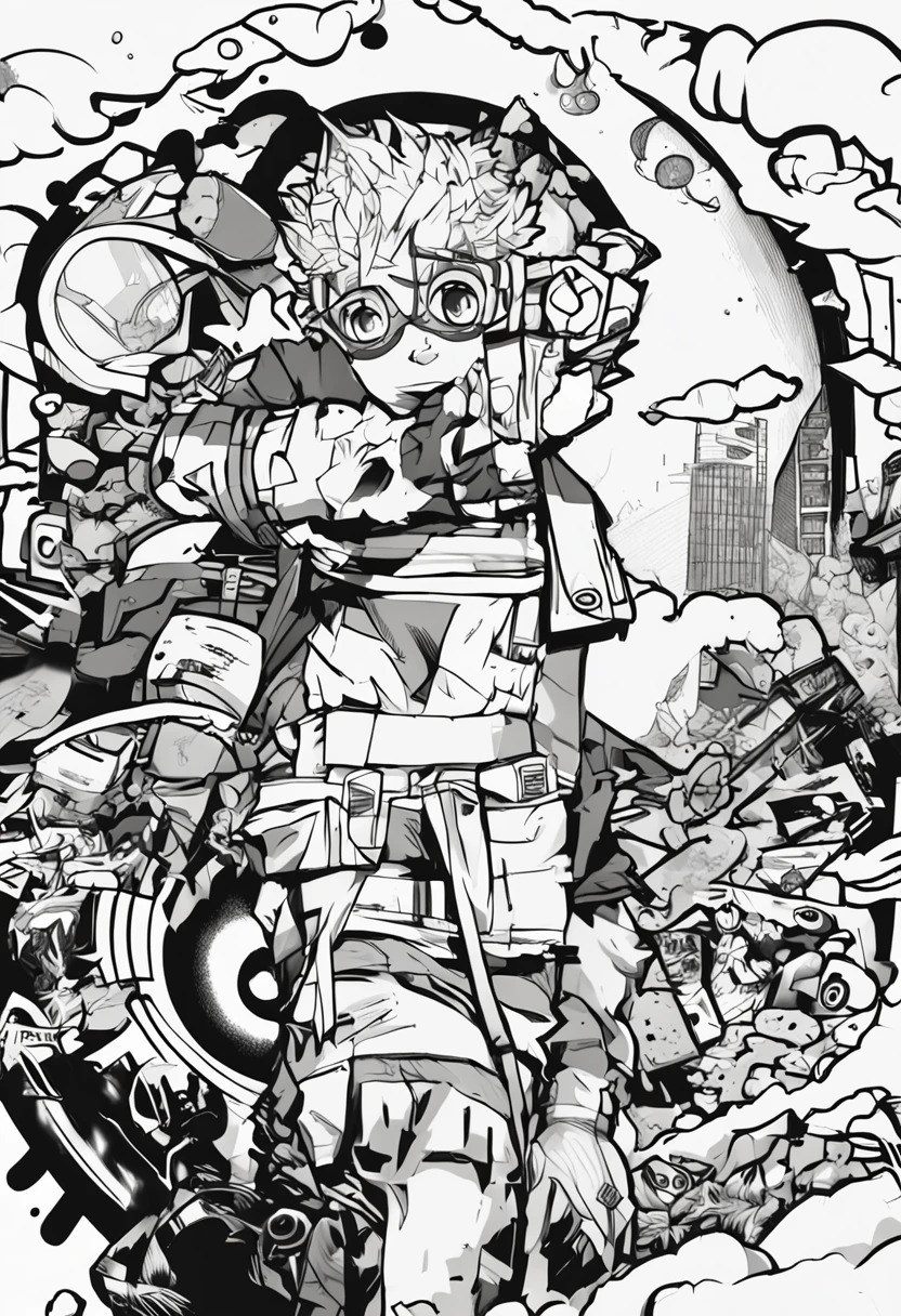 Cuaderno para colorear para adultos, blanco y negro, grayscale images, Generate a series of images that represent a graffiti-style anime theme, incorporando elementos como jujutsu kaisen. Use a neon color palette to convey a sense of technology.