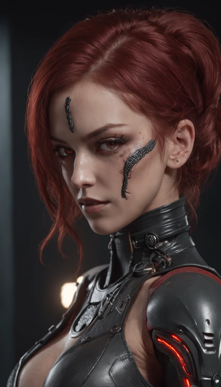A dark corner room，A cyborg，woman，Large breasts，big breasts thin waist，k hd，red tinted hair，Delicate facial features，Nine snakes surrounded her，Grab one of the snakes，Lick it with your mouth，Facial expressions evil，There is lightning in the back，cyber punk style，There is a pile of zombies on the ground