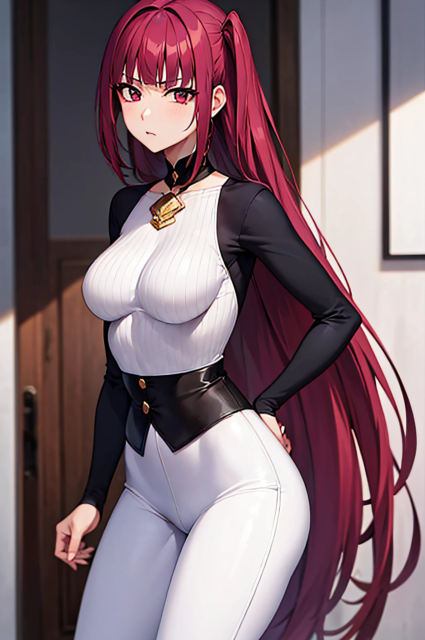 "Portrait of Riruka Dokugamine in her 20s, showcasing outstanding craftsmanship and unparalleled quality. She is seen wearing in tight black top and tight white pants,  medium breast, Her expression radiates a seductive look."