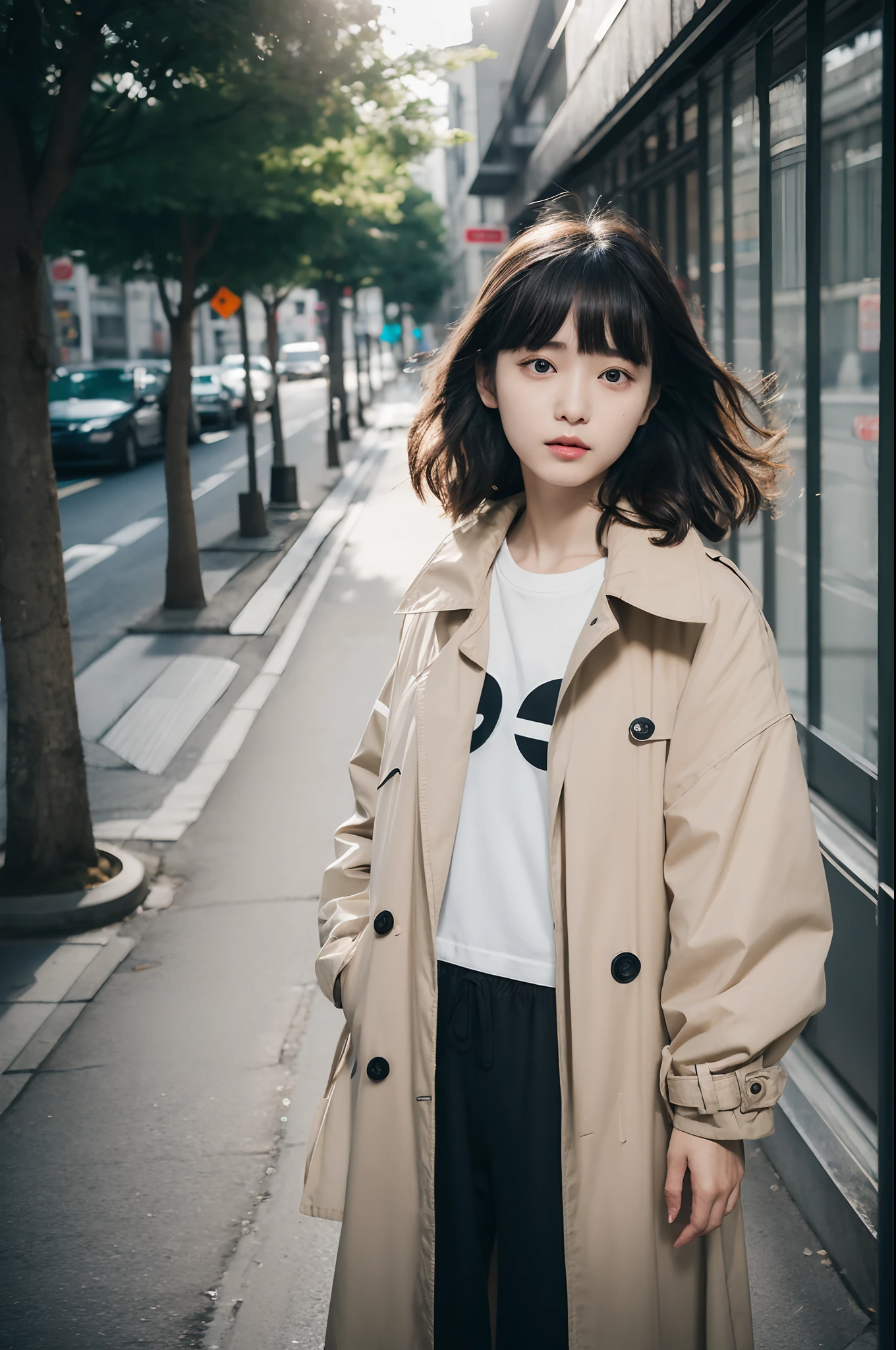 best quality,16K,1girl in,Solo,Raw photo,Real person, Detailed skin,Japanese,Black hair,Patsun bangs with a thin bundle,Wavy Hair, medium cut, layers-Cut, full body、Jogger Pants, tshirts,trench coat ,street,strong light
