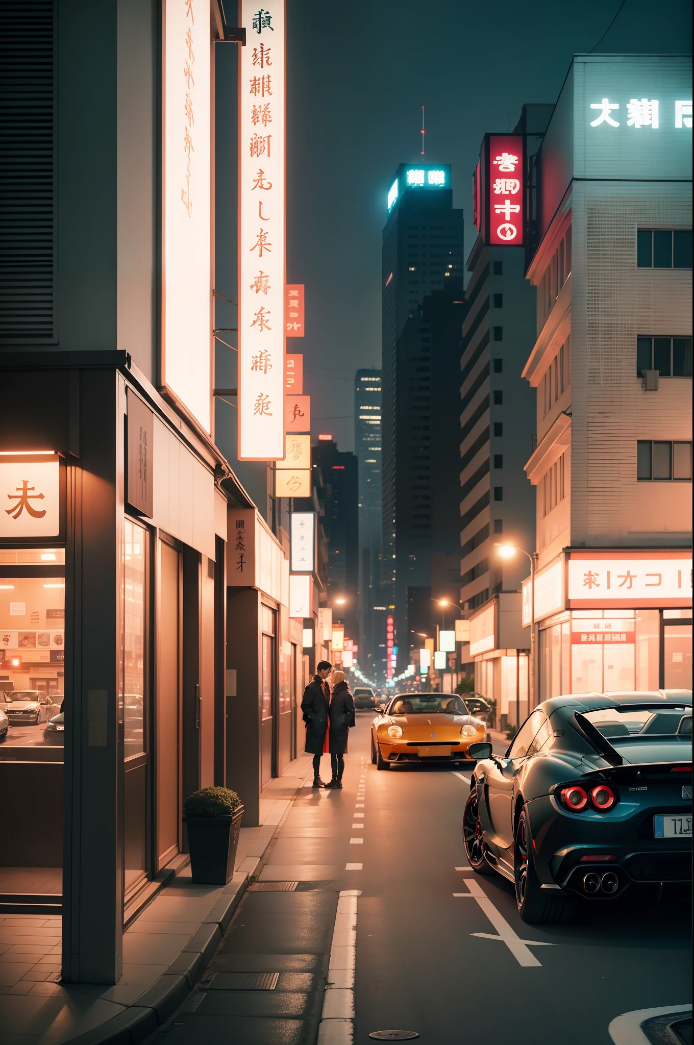 城市，sports cars，during night，in the style wes anderson，precisionism，Minimalist