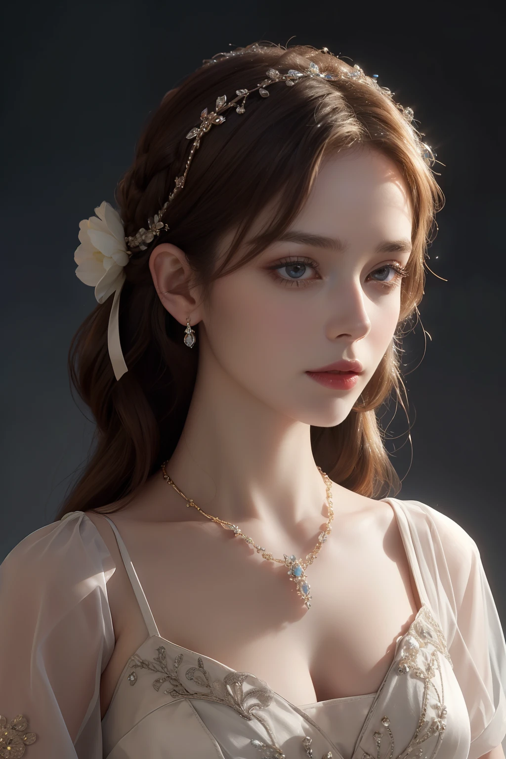 (A masterpiece with ultra-high image quality,Beautiful bust of an 18-year-old noble girl,Classic braid,eyes are shiny and clear,Floral craftsmanship,Crystal Jewelry,Ultra-fine details,Soft lighting)
