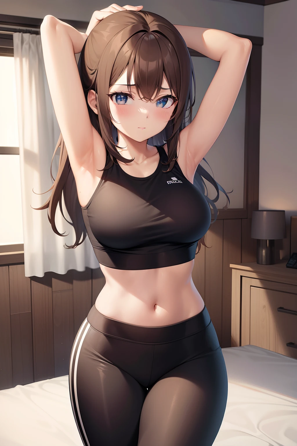 brown_hair, athletic girl, tight croptop, yoga pants, standing, bedroom