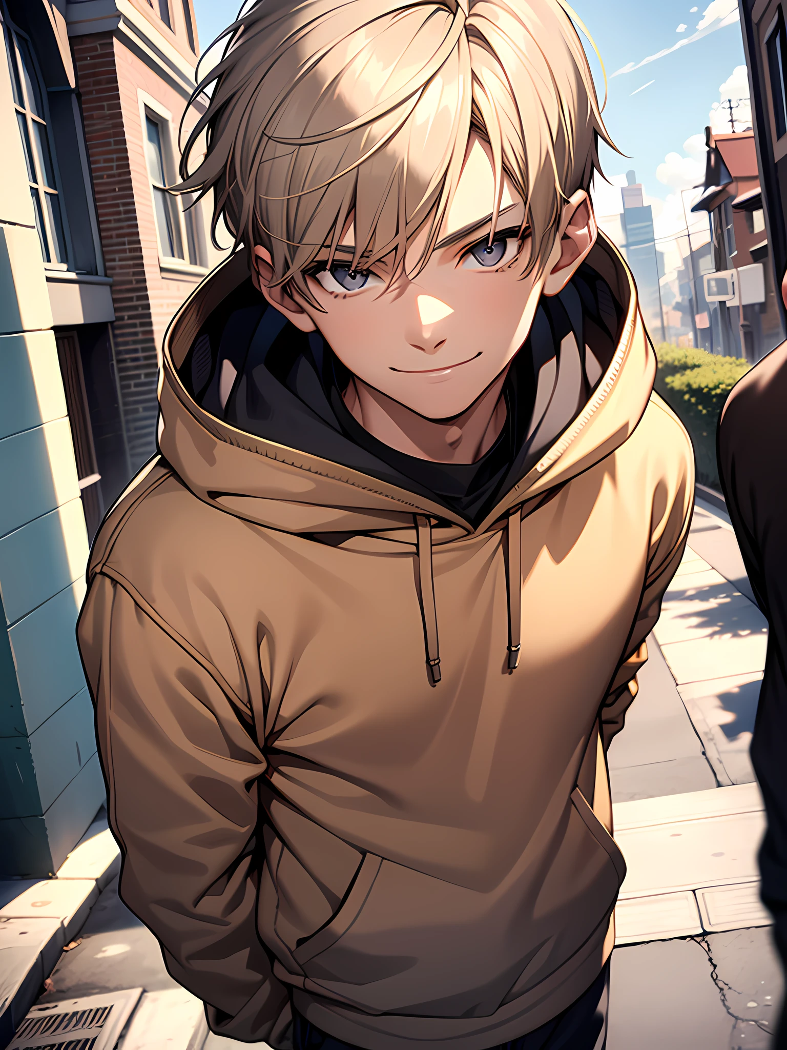 1boy, smiling face with face focus, beautiful accurate gray eyes, short blonde hair, wearing brown sweatshirt, body is well proportioned, his in the neighborhood, looking at viewer, high resolution, ultrasharp, 8k, masterpiece