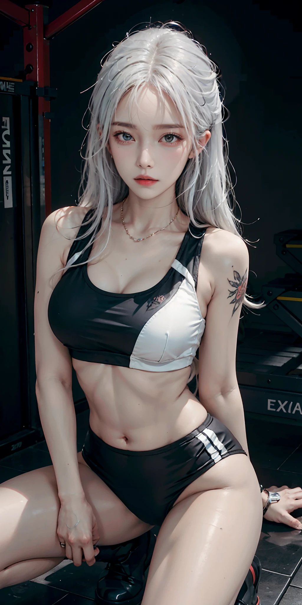 Beauty, ((Clothes damaged)), (((Shy))), ((Legs apart))), ((Sports Bra)), (Shorts), Full Body Drawing, Ultra Detailed, Master Artwork, Highest Quality, 8K Resolution, (Fine Details), ((Extreme Color))), Beautiful Eyes ((Two Side Up), (Detailed Engraving), White Stockings, ((Long White Hair, Messy))