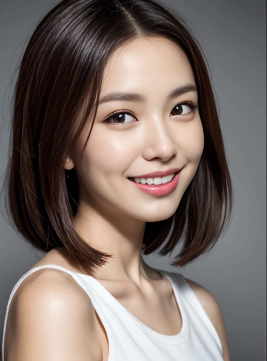(Masterpiece, Photorealistic, Raw, :1.4), (Very Complex,:1.2), Close-up, Cinematic Lights, Side Light, Ultra High Resolution, Best Shadows, RAW, Full Body, Woman in Her 20s, Swimsuit Wearing, Small, Japan Woman, Black Eyes, Short Cut, Downy Hair, Pore, Realistic Skin, Laughing Wrinkles, No Makeup, Nature, Slight Wrinkles on the Forehead, Full Body Photography