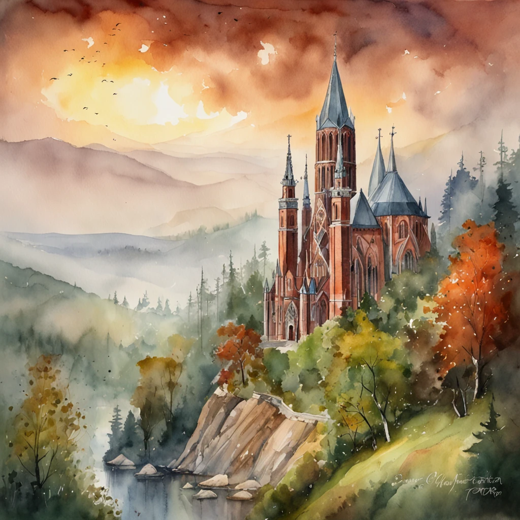 A huge tall Gothic cathedral made of red brick on a high hill in a coniferous forest, Hilly terrain, kali, flows next to the cathedral, Large cloudiness, Fog in the lowlands above the river, jour, high picture quality, High-definition image, max detail.