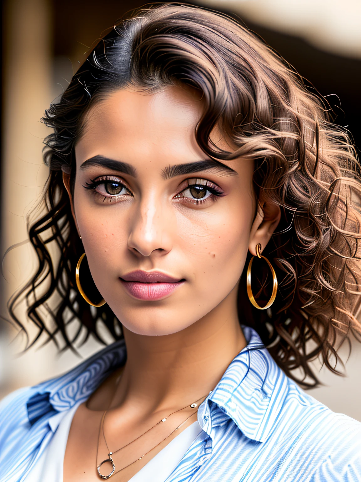 (Imaan Hammam) Face portrait of a moroccan woman with long dark brown curly hair, light brown skin and detailed seductive eyes, wearing a blouse, at the shopping mall, best quality masterpiece, photorealistic, detailed, 8k, HDR, shallow depth of field, wide light, high contrast, backlighting, bloom, light glows, chromatic aberration, sharp focus, RAW color photo